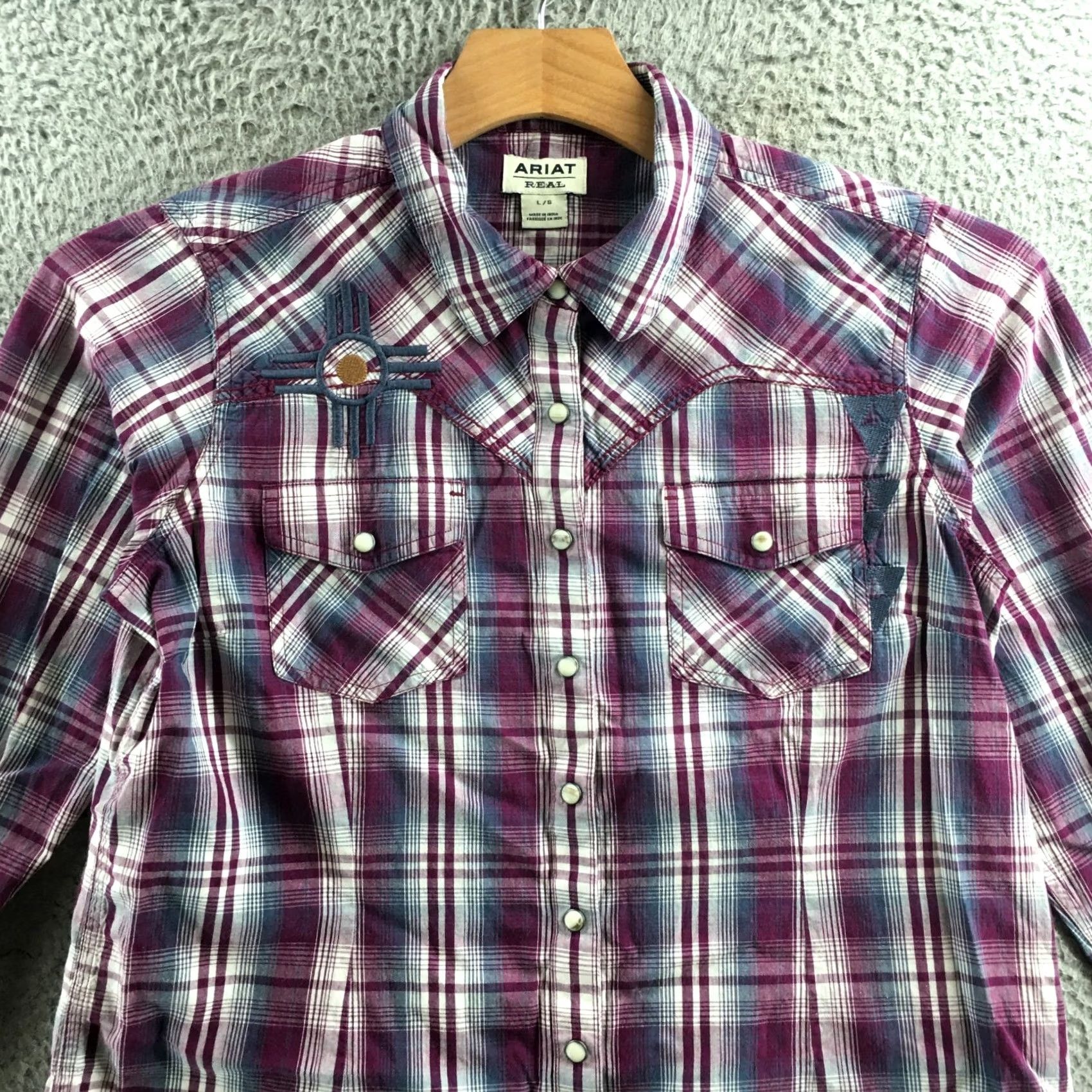 Ariat Ariat REAL Shirt Womens L Purple Blue Plaid Western Snap Button Zia Embroidery Shirt Size L / US 10 / IT 46 - 2 Thumbnail