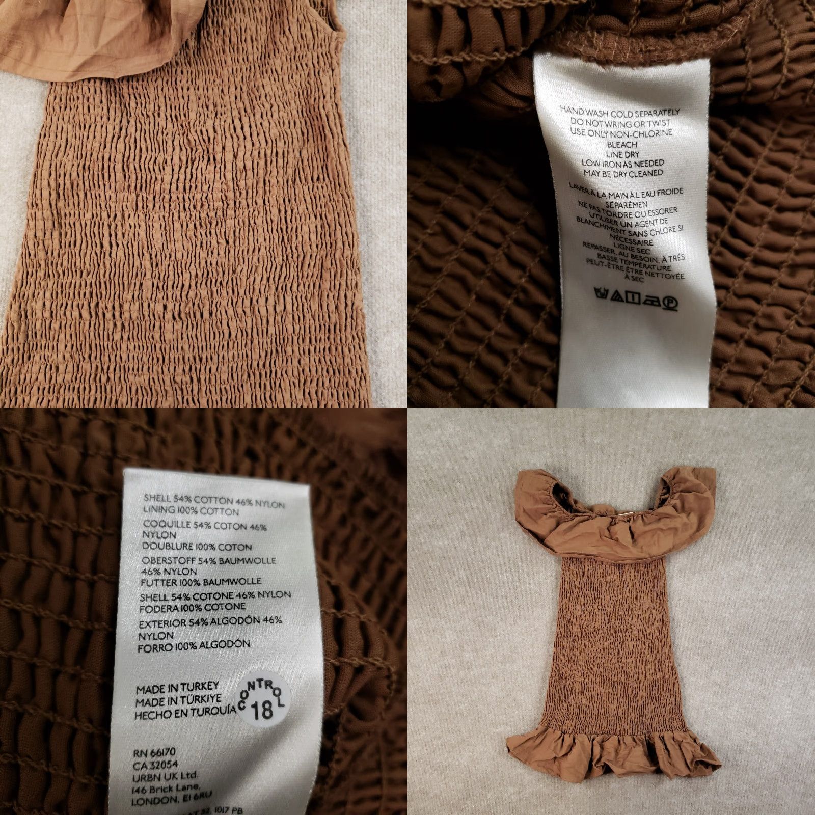 Anthropologie VINTAGE Anthropologie Women’s Dress XS Short Ruffle Off-Shoulder Bodycon Brown Cotton Nylon Size XS / US 0-2 / IT 36-38 - 8 Thumbnail