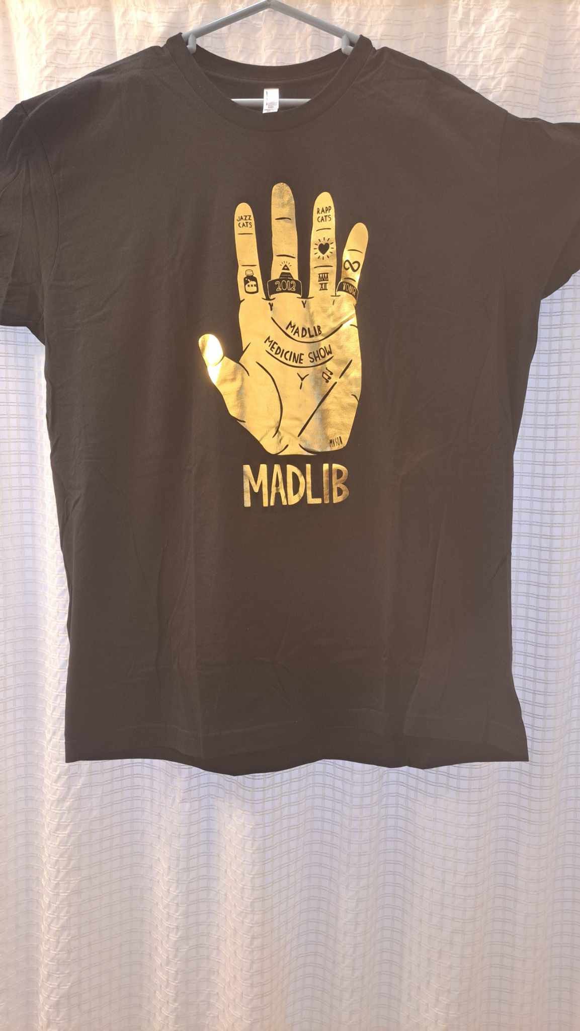 image of American Apparel Madlib Medicine Show Gold Hand Logo T-Shirt in Black, Men's (Size 2XL)