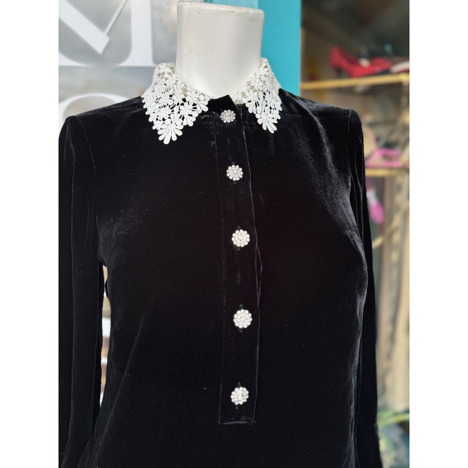 Kate Spade Goth Black Kate Spade Jewel-Button Velvet Shirtdress 00/XS Size XXS / US 00 / IT 34 - 4 Thumbnail