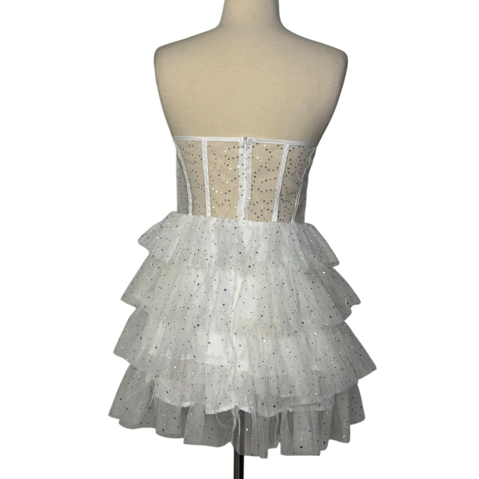 Other Iridescent Sparkly Tiered Tulle Mini Dress Mesh Corset Boned Size L / US 10 / IT 46 - 8 Thumbnail