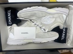 Chanel REV Mens Beige Black White CC Logo Lace Up Low Top Trainer Sneaker  44 11