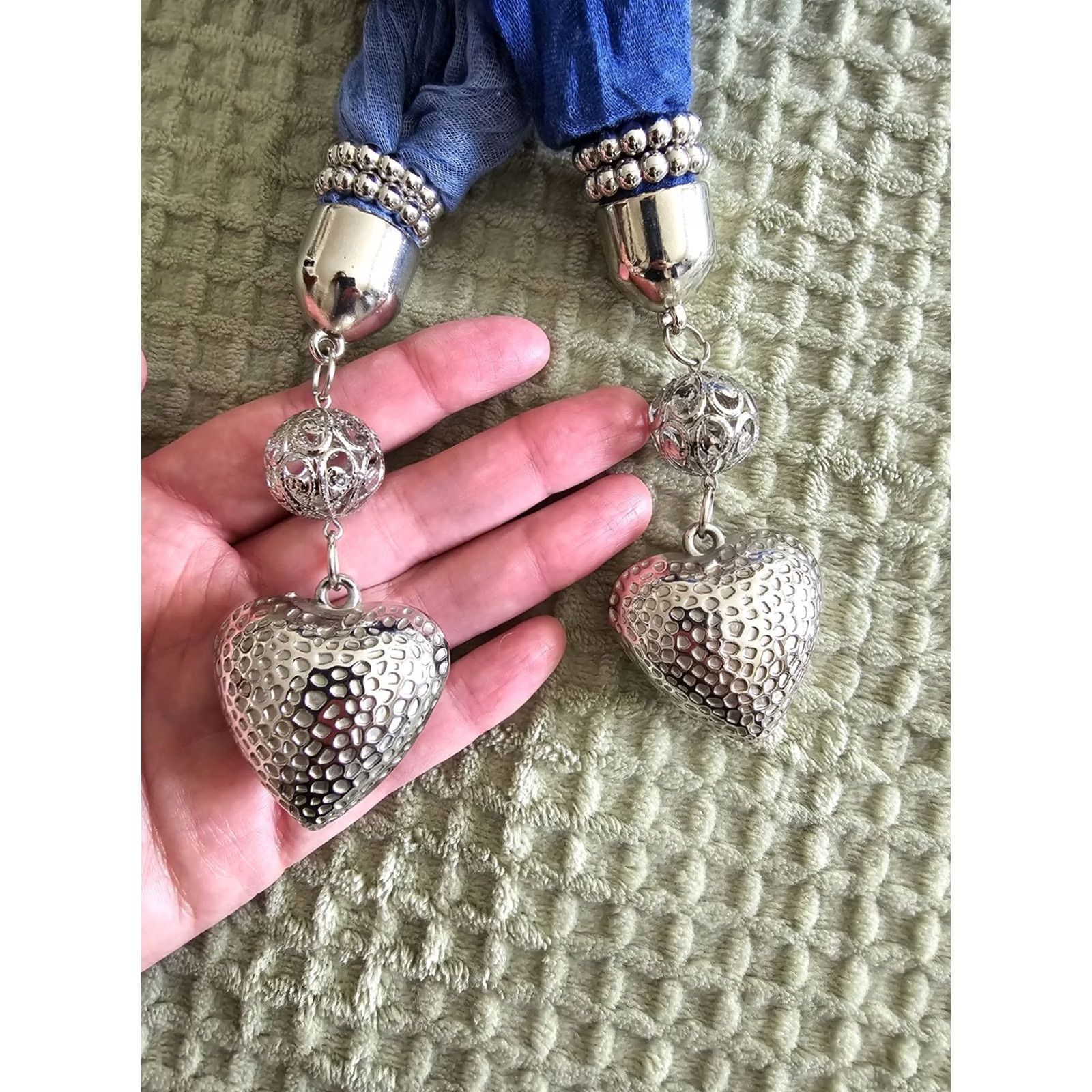 Vintage VINTAGE Blue Ombre Scarf with Heart Charms Scarf Women Adult 69in Blue Heart Charms Fall Spring Summer Winter art love cottagecore fairycore Size ONE SIZE - 3 Thumbnail