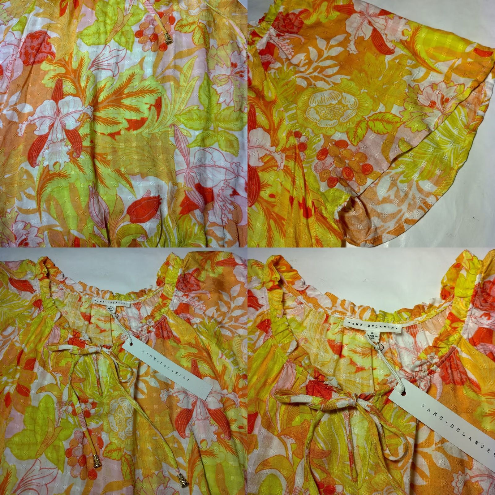 Vintage Jane + Delancey Blouse XL Short Sleeve Peasant Floral Yellow Orange V-Neck Boho Beachy Casual Womens Size XL / US 12-14 / IT 48-50 - 9 Thumbnail