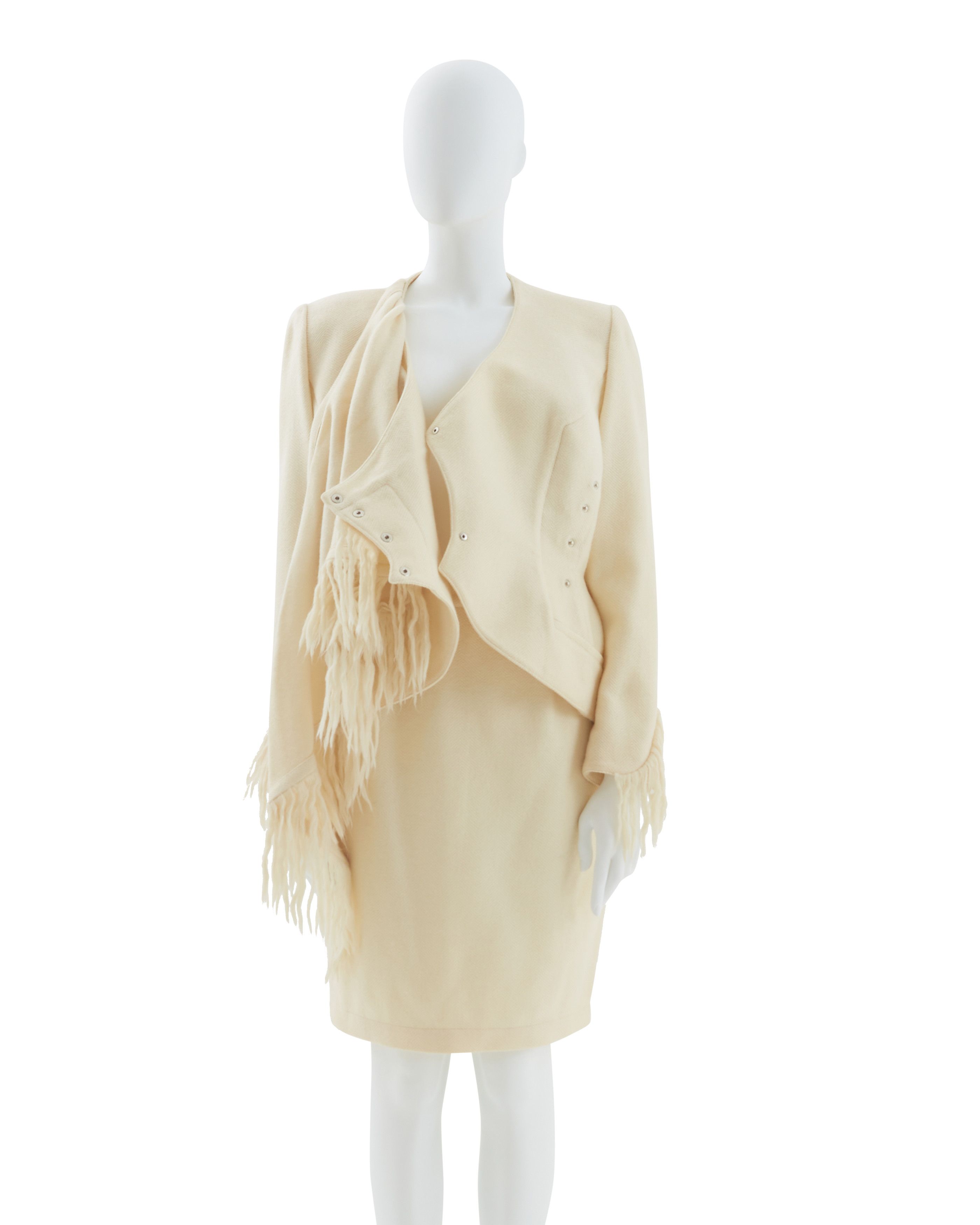 Thierry Mugler Off-white mohair fringe scarf collar jacket and skirt suit Size M / US 6-8 / IT 42-44 - 5 Thumbnail