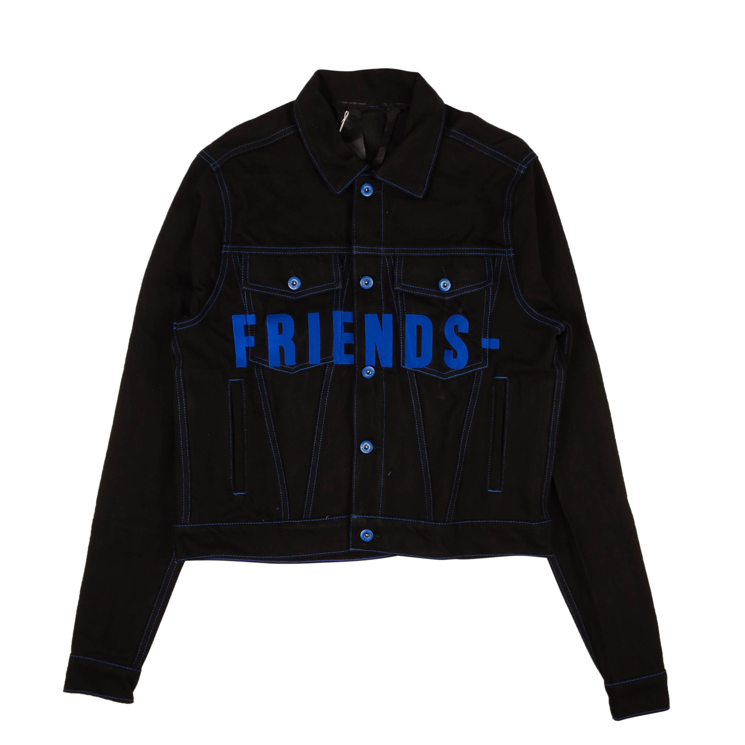 image of Vlone Black Blue Friends Embroidered V Graphic Denim Jacket Size L, Men's