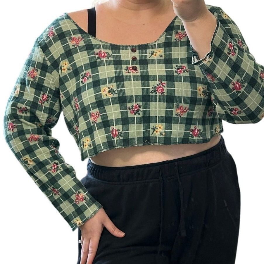 Vintage Vintage Plaid 90s Crop Top Ribbed Knit Floral Cottagecore Size XL / US 12-14 / IT 48-50 - 3 Thumbnail