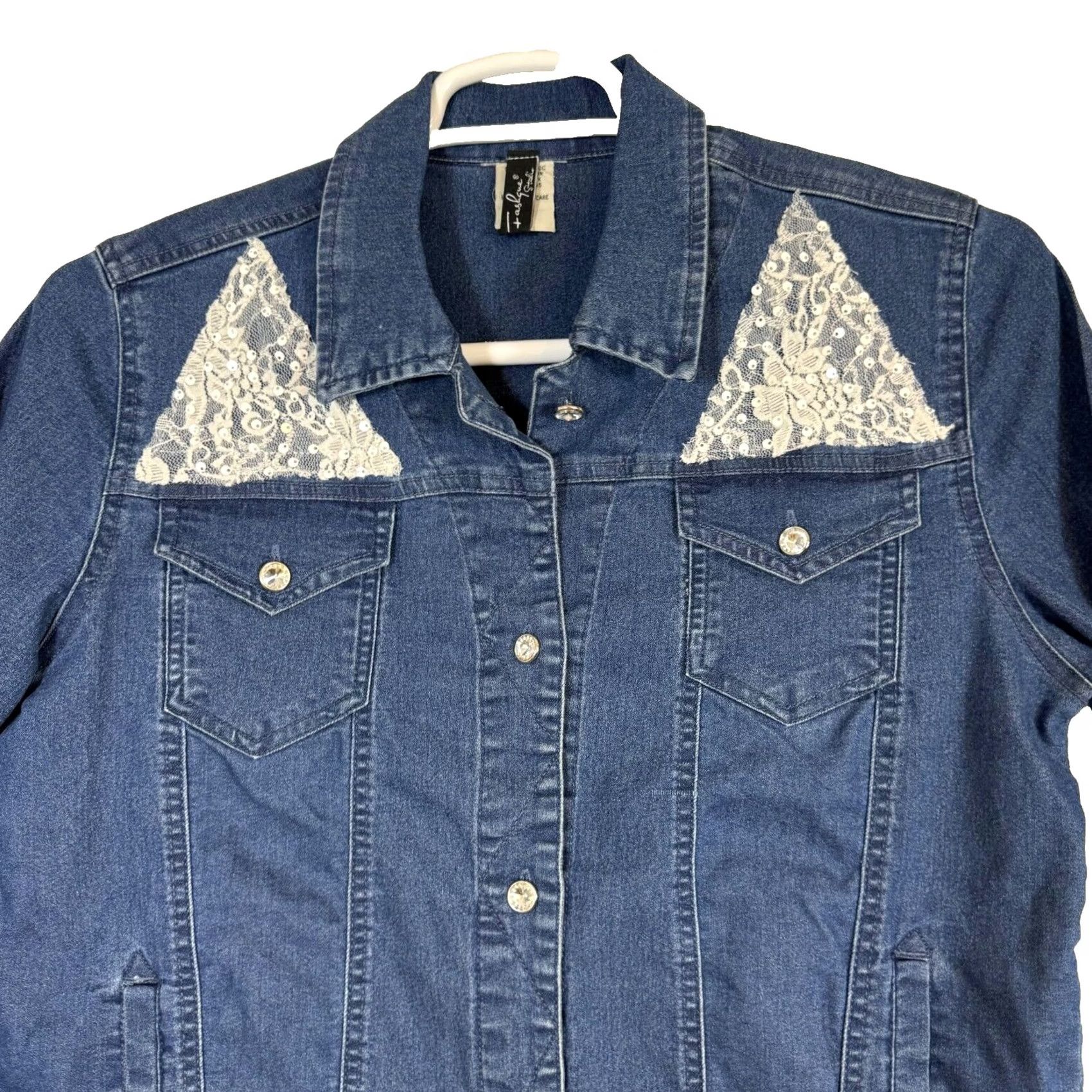 Vintage Fashque Studio Jacket Women's M Denim Blue Lace Stitch Rhinestone Buttons Pockets Sequin Lightweight Casual Size M / US 6-8 / IT 42-44 - 4 Thumbnail