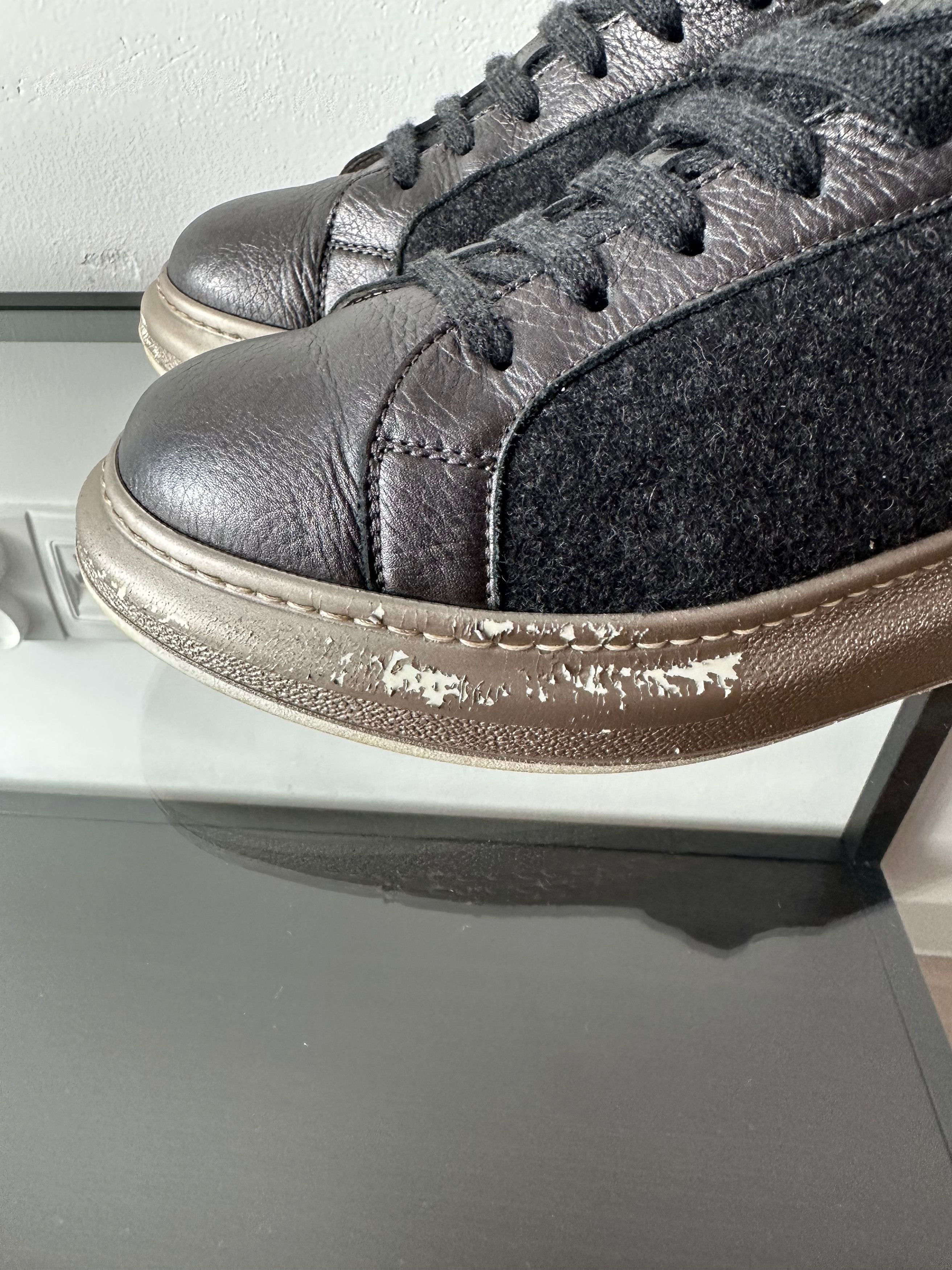 Brunello Cucinelli Brunello Cucinelli Dark Grey Wool Leather Platform Sneakers Size US 8.5 / IT 38.5 - 2 Thumbnail