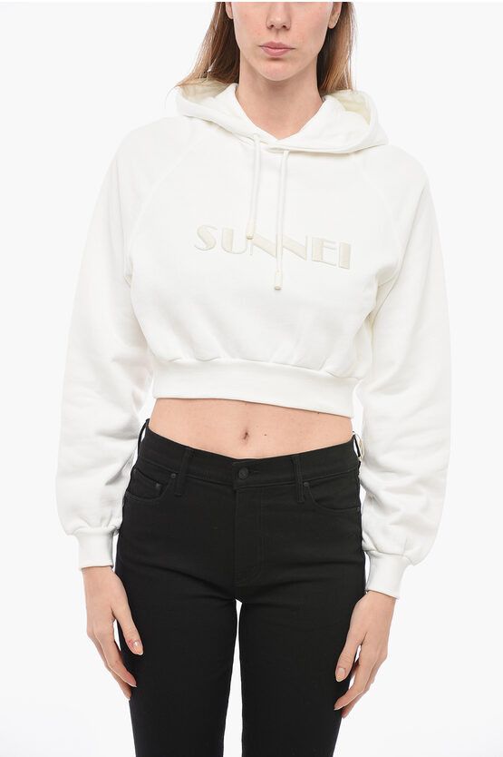 image of Sunnei Cropped Fit Hoodie With Embroidered Logo in White, Women's (Size XS)