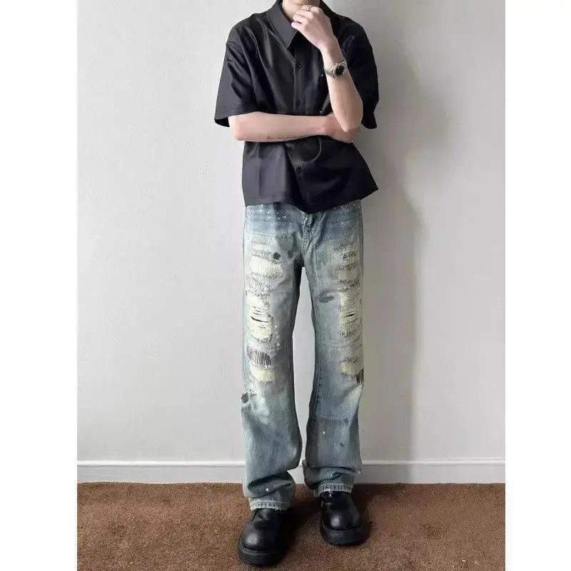 Japanese Brand Retro loose high street splashed ink ripped jeans Size US 32 / EU 48 - 6 Thumbnail