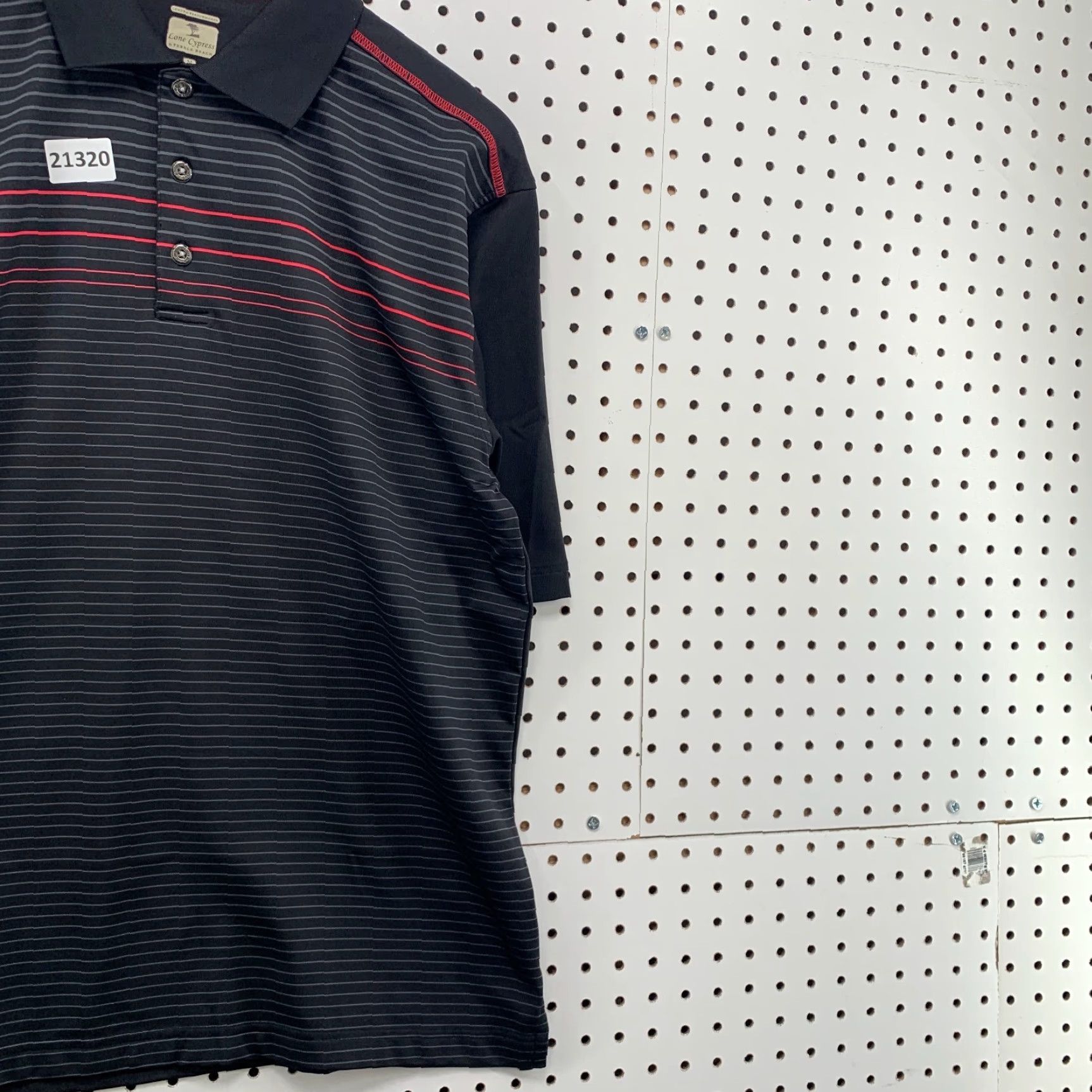 Vintage Pebble Beach Lone Cypress Performance Polo Shirt – Striped Black Red, Mens Medium, Polo, Short Sleeve, Knit Blended Fabric, 90s-Event Style? Size US M / EU 48-50 / 2 - 4 Thumbnail