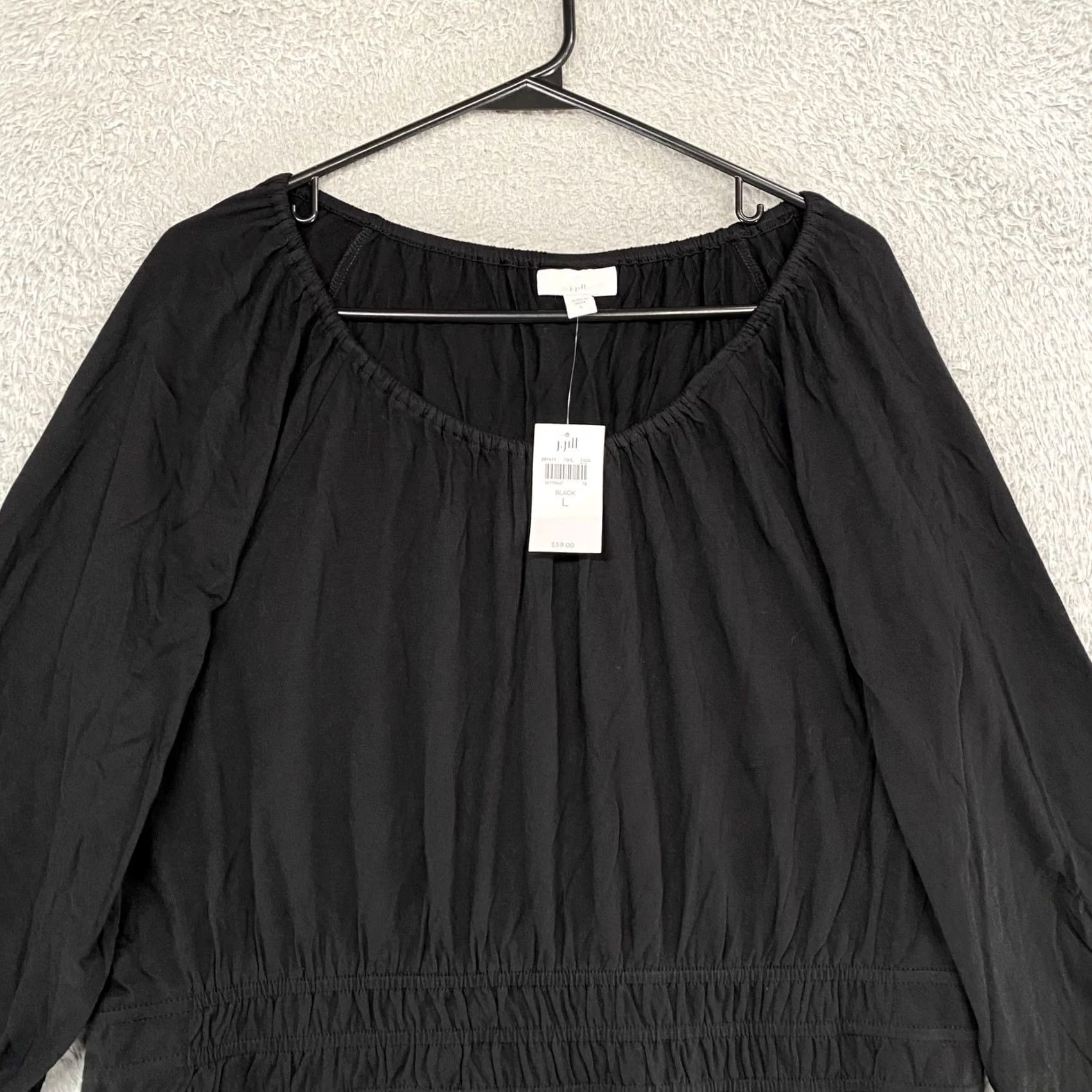 J. Jill J. Jill Blouse Womens Large Black 3/4 Sleeve Ruffle Boho Scoop Neck Top Casual Tunic Blouse with Smocked Details - Womens Size L / US 10 / IT 46 - 3 Thumbnail