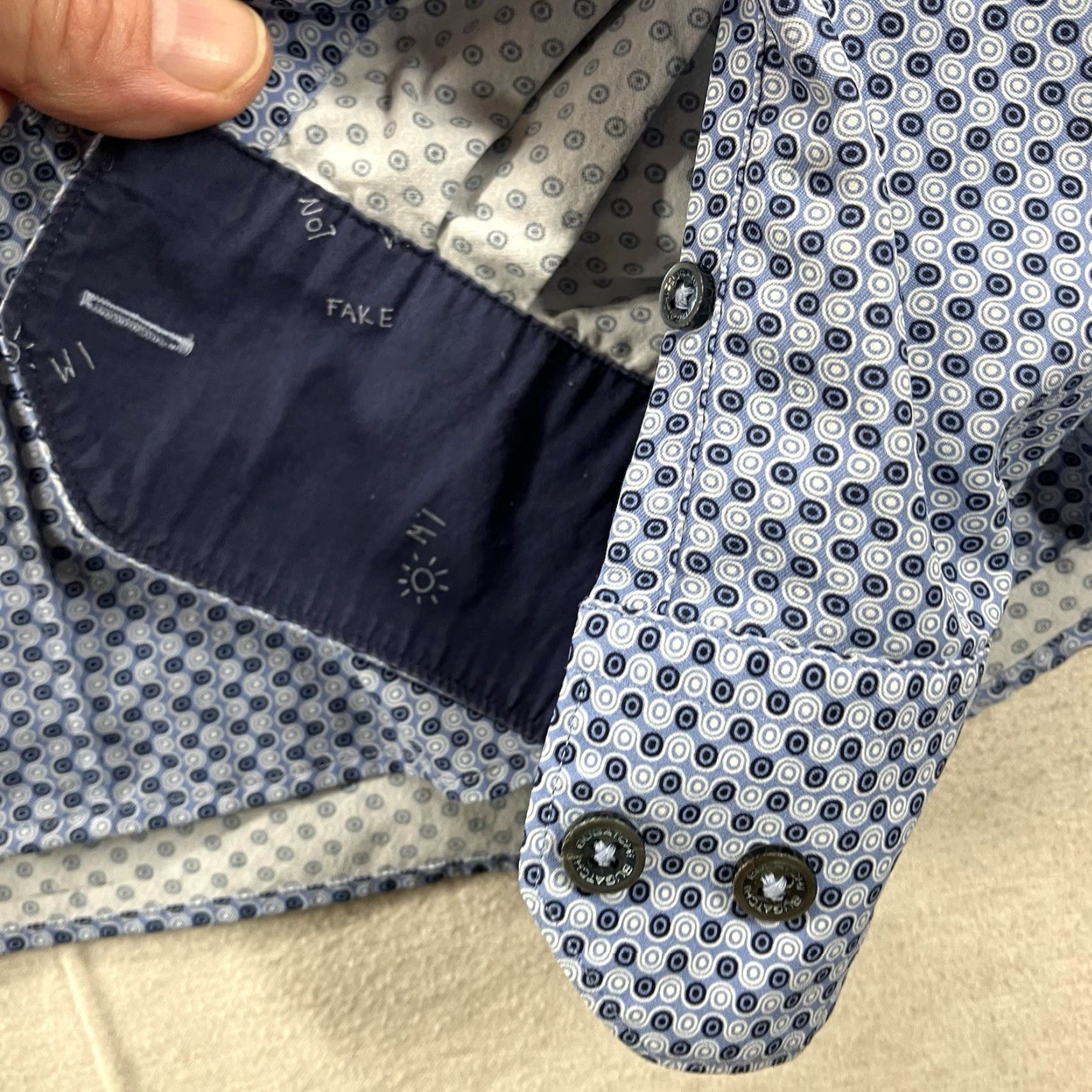 BUGATCHI BUGATCHI Shirt Mens 2XL Blue Geometric Print Button Up Cuffed Long Sleeve Nylon Spandex Wrinkle Resistant Business Casual Classic Fit Size US XXL / EU 58 / 5 - 6 Thumbnail