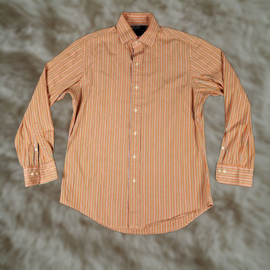 Ralph Lauren VINTAGE Ralph Lauren Dress Shirt Mens 15.5 Long Sleeve Orange Striped Cotton Business Casual Formal Size 40R - 1 Thumbnail