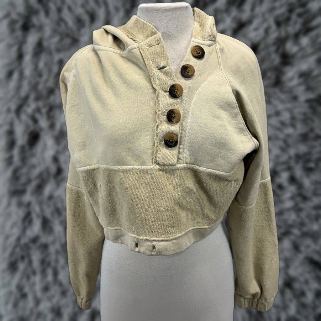 Free People Free People Sweatshirt Hoodie XS Women Yellow Henley Button Pullover Bohemian Activewear Long Sleeve Cotton Solid Distressed Drawstring Missing Size XS / US 0-2 / IT 36-38 - 1 Thumbnail