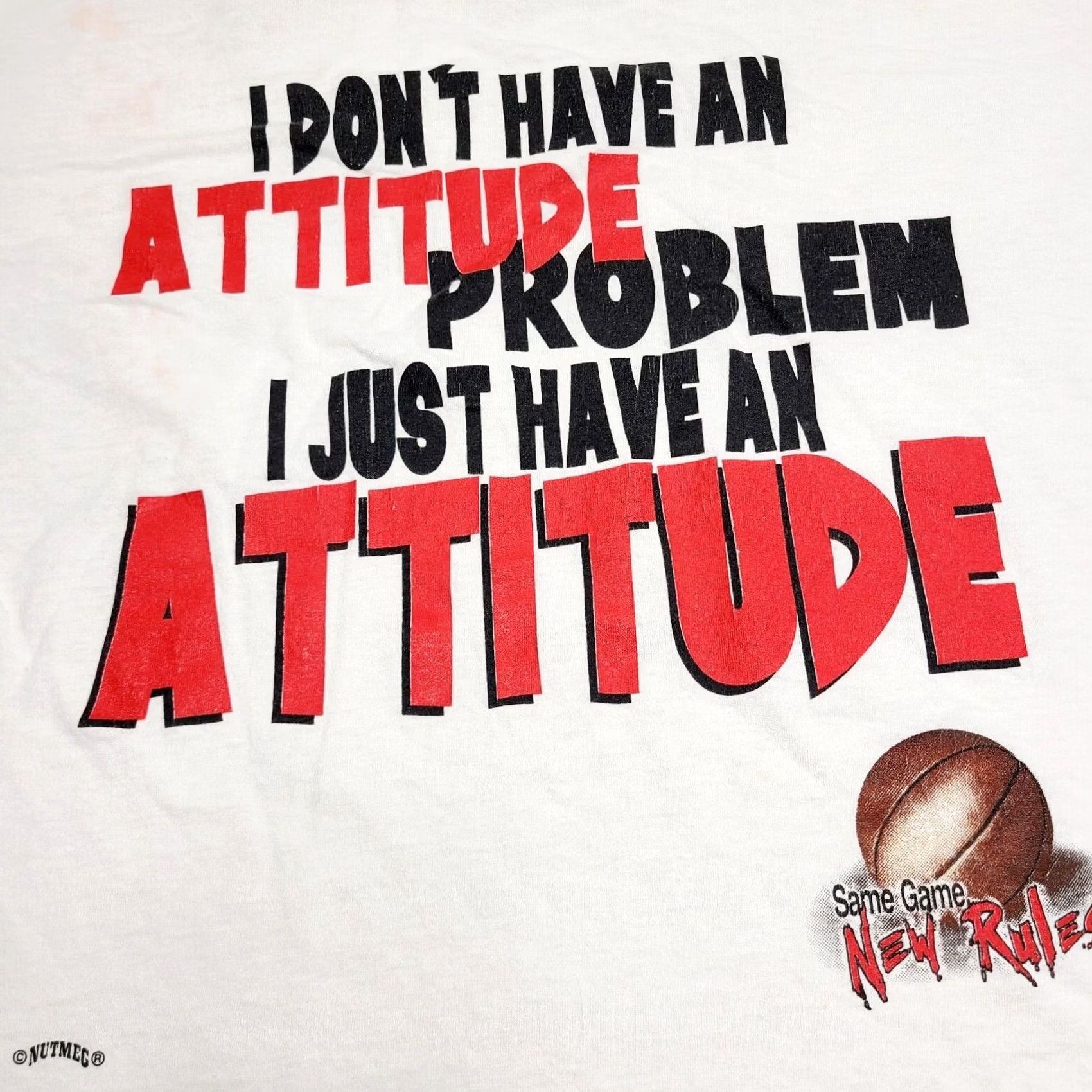 Nutmeg VINTAGE 90s Attitude Problem T-Shirt Mens XL Nutmeg White Graphic Print Basketball Crew Neck Short Sleeve Same Game New Rules Size US XL / EU 56 / 4 - 2 Thumbnail