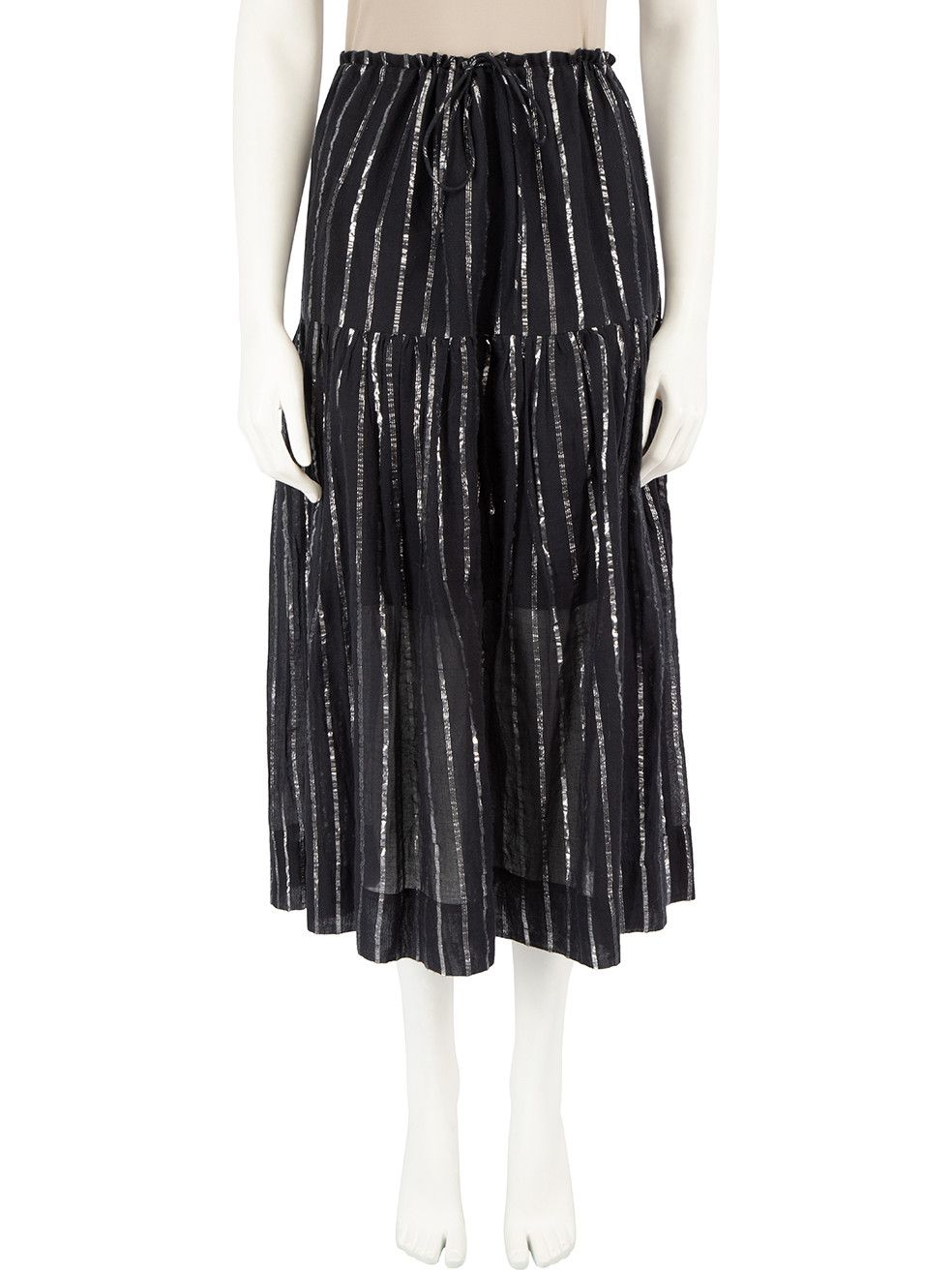 image of Isabel Marant Etoile Black Metallic Striped Drawstring Midi Skirt, Women's (Size 26)