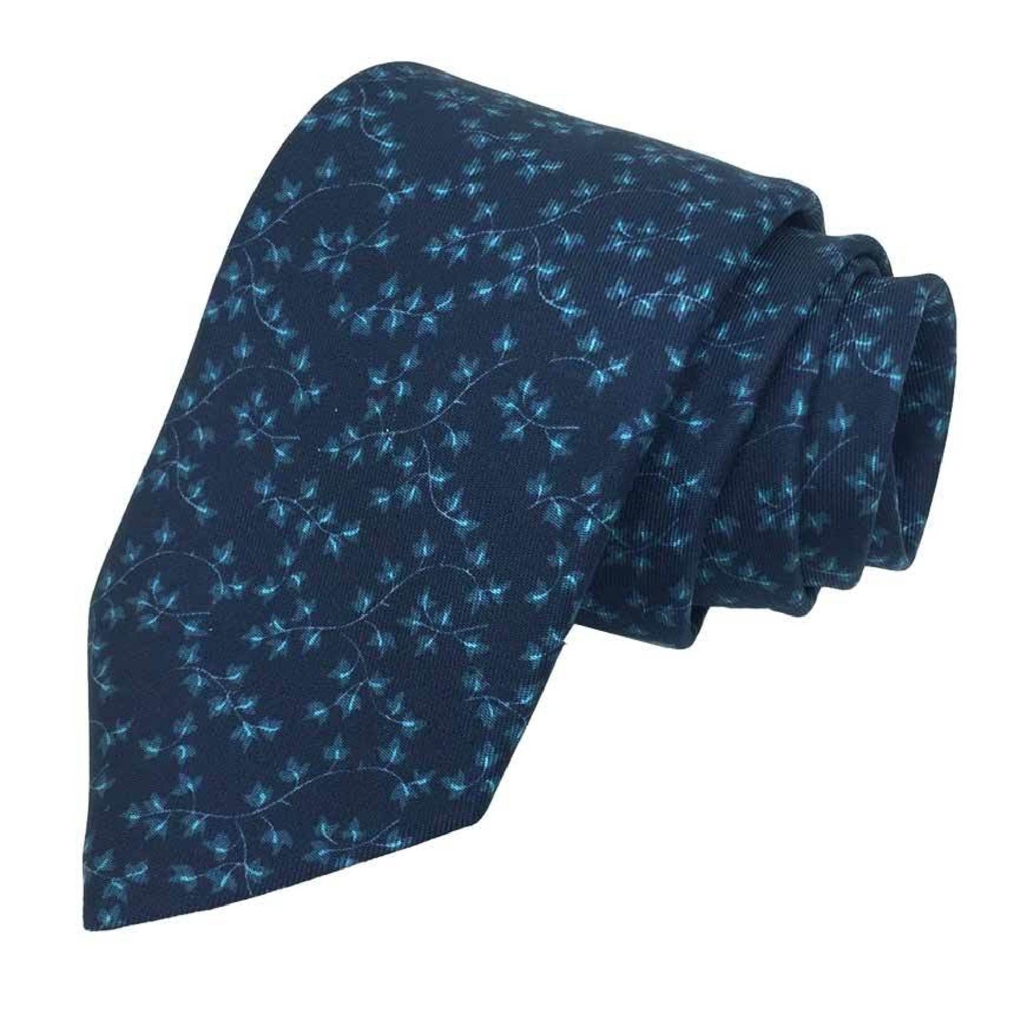 image of Hermes Necktie Ivy Leaf Navy Silk Twill Tie Men's in Black