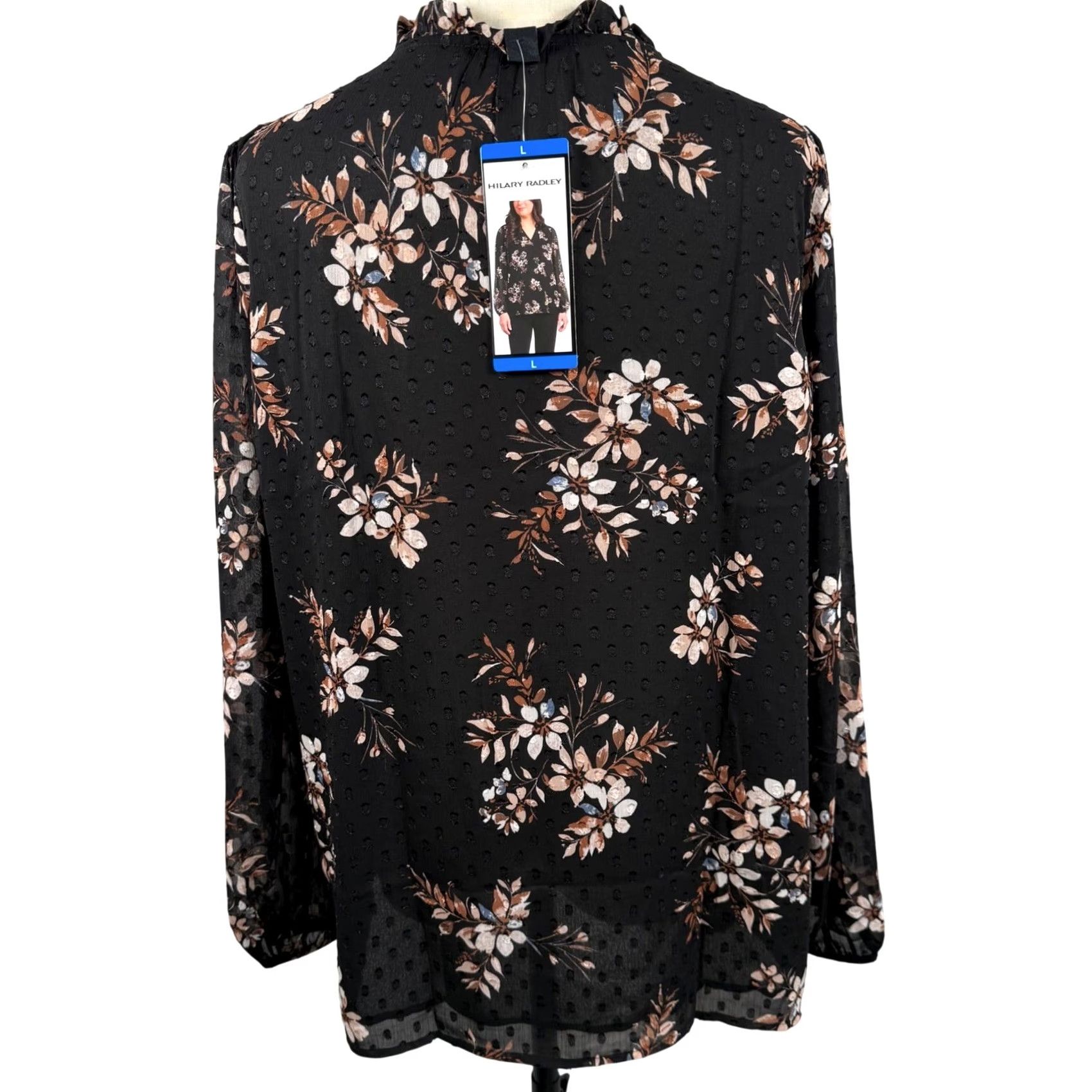 Vintage Hilary Radley L Blouse Black Floral Clip Dot Ruffle V-Neck Long Sleeve Sheer NWT Bohemian Fall/Sping Tunic Women Size L / US 10 / IT 46 - 3 Thumbnail