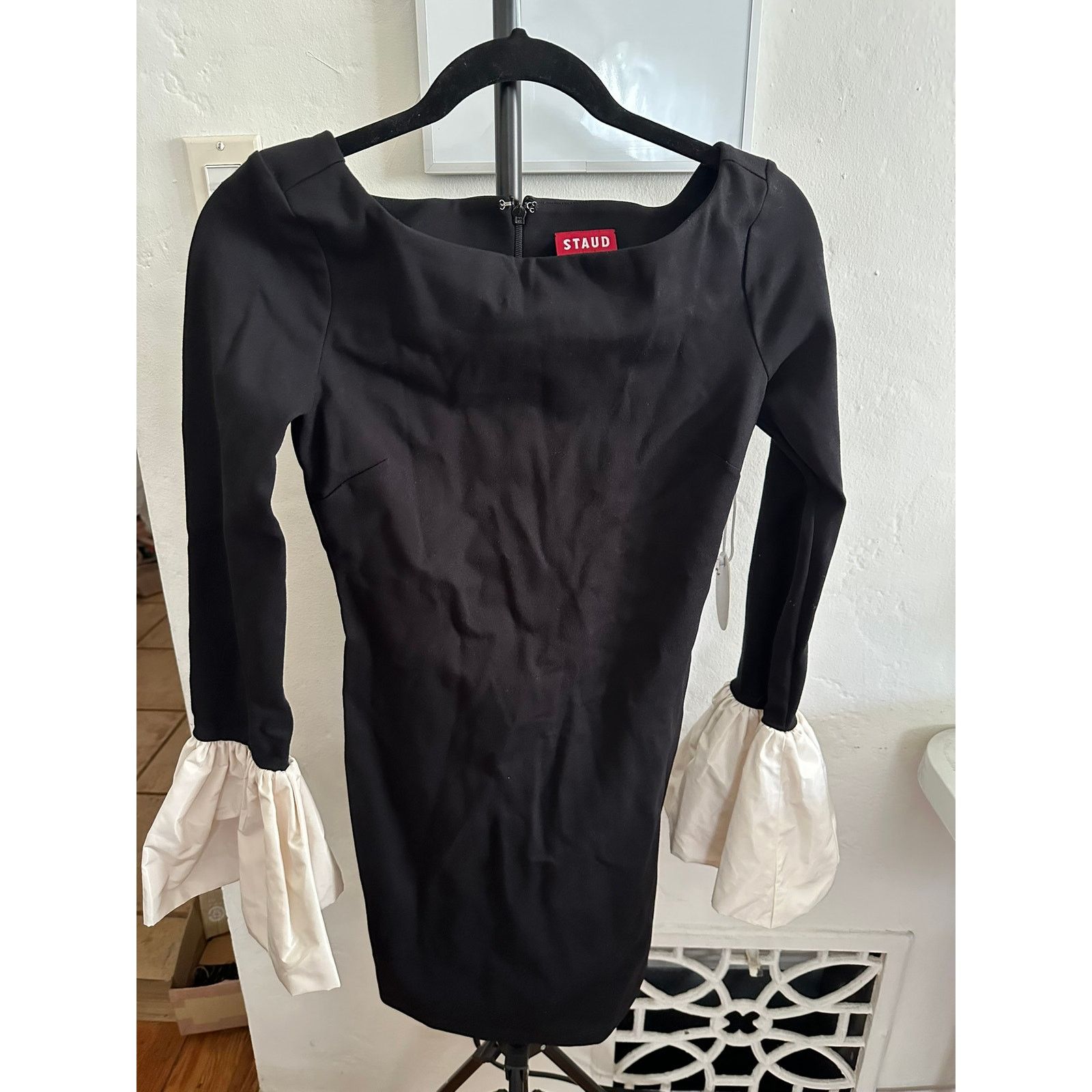 STAUD Hawthorne Taffeta-Trimmed Mini Dress Black XS