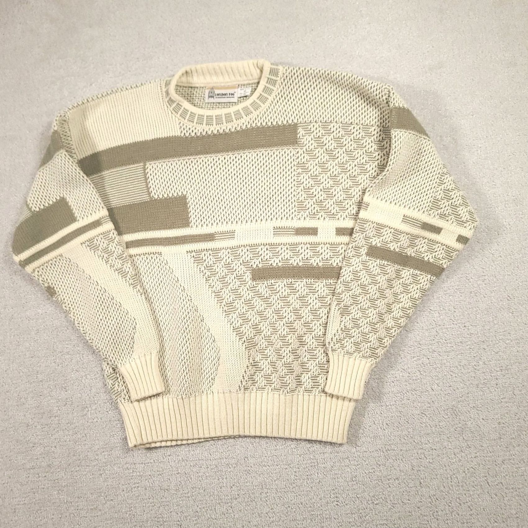 London Fog VINTAGE London Fog Sweater Mens M Wool Beige Geometric Crewneck Pullover 90s Size US L / EU 52-54 / 3 - 2 Thumbnail