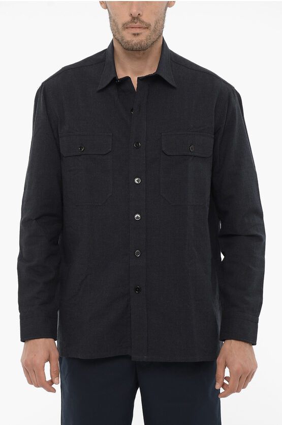 image of Salvatore Piccolo Micro Checked Nico Shirt With Double Breast Pocket in Blue, Men's (Size Small)