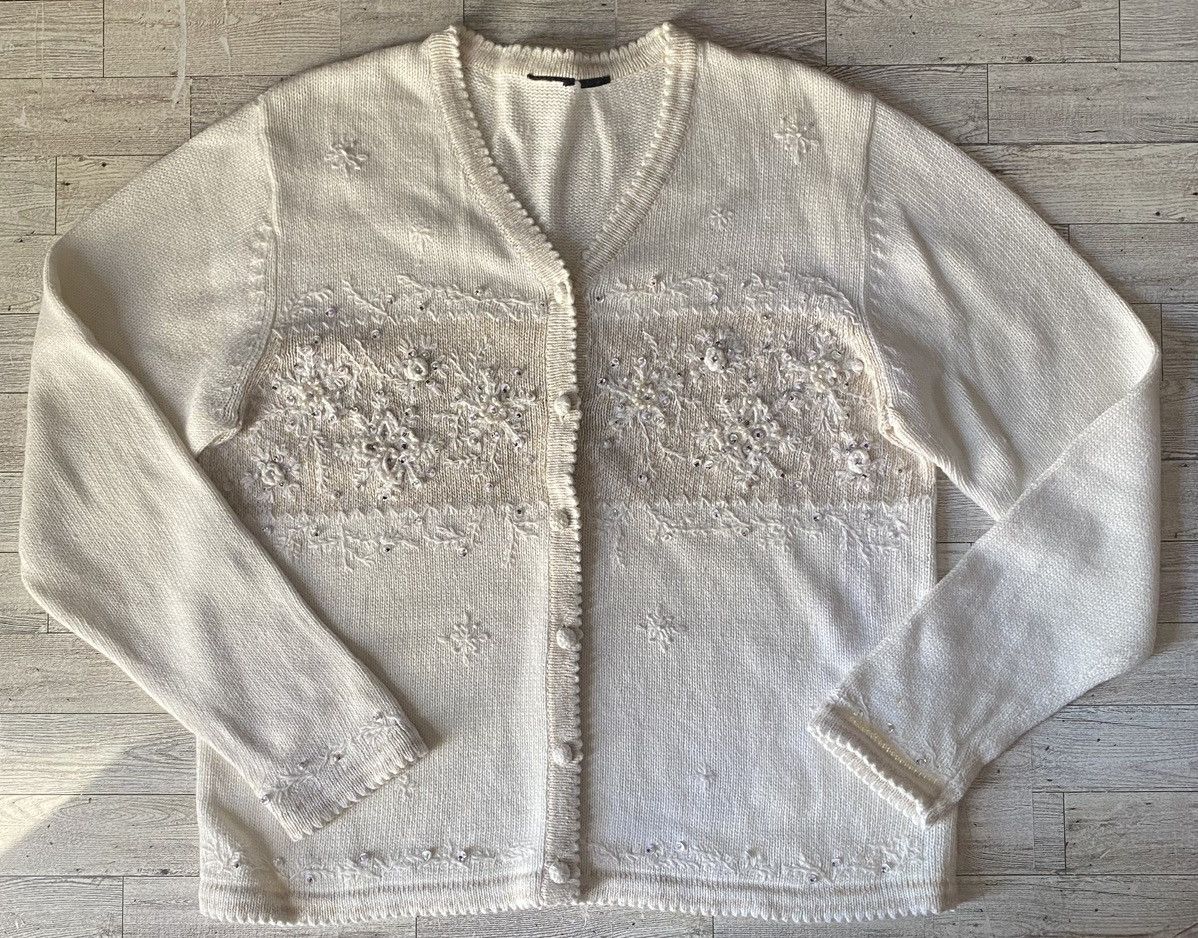 Vintage, Beige, Snowflake Embroidered, Button Down Sweater