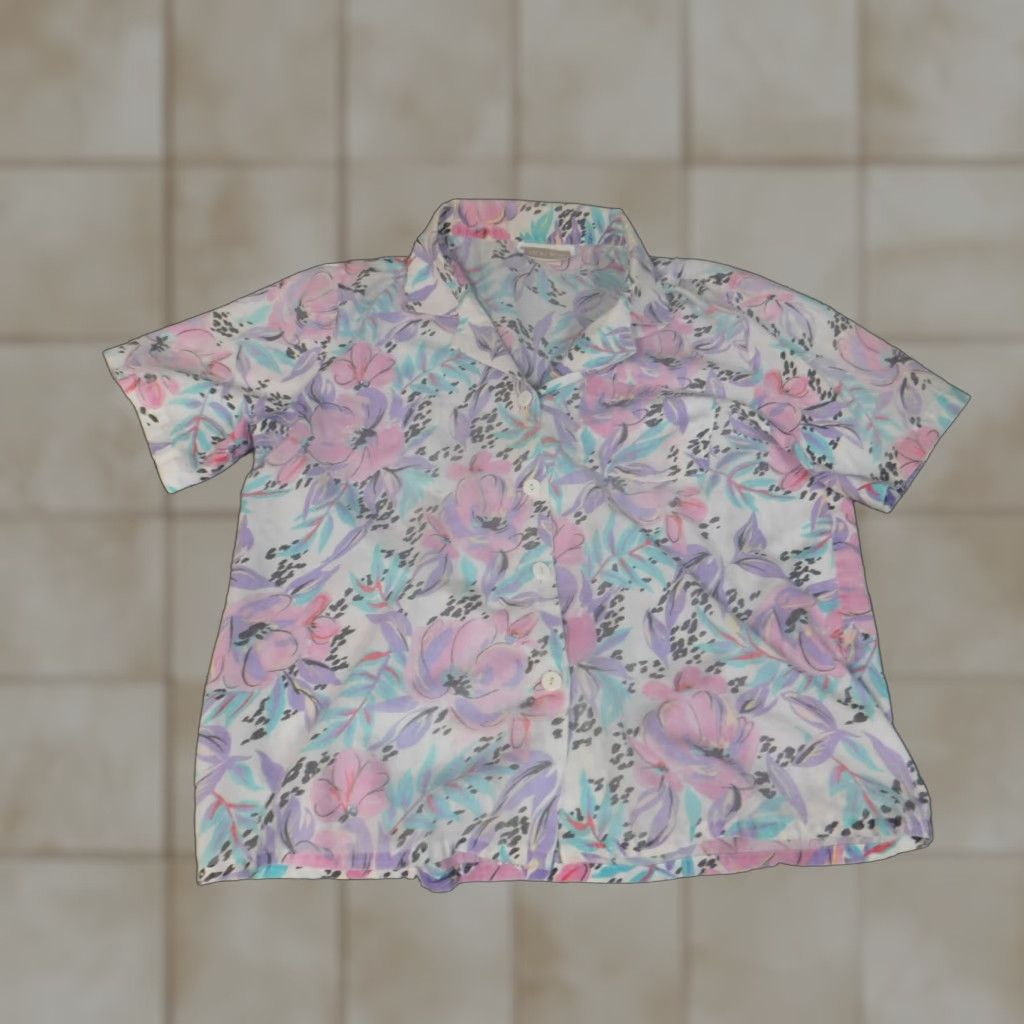 Vintage Season Ticket Blouse Womens Large Purple Floral Button Down Short Sleeve Collared Pullover Rayon Purple Floral Casual Classic Stretch L Womens Size L / US 10 / IT 46 - 1 Thumbnail