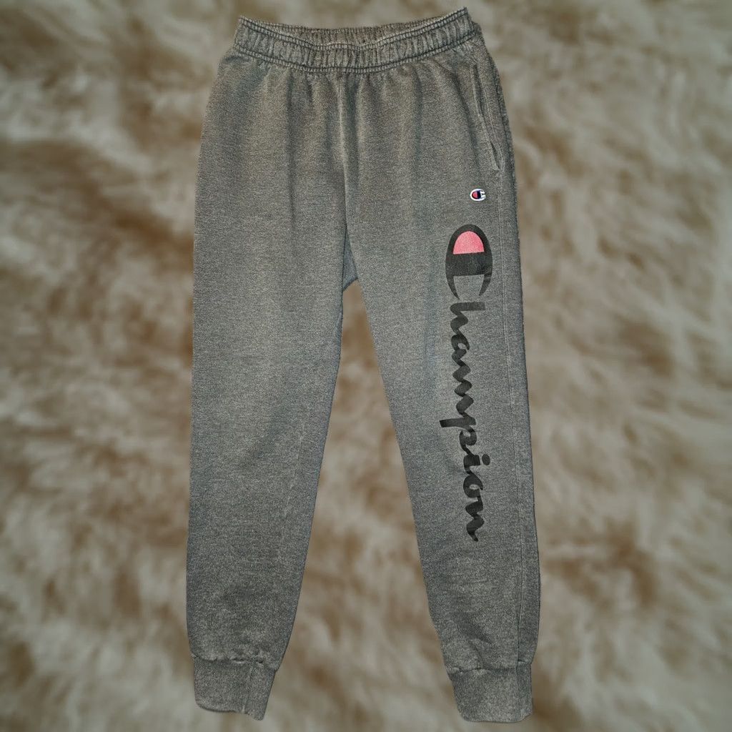 Champion VINTAGE Champion Sweatpants Men's M Gray Elastic Waistband Logo Sports Pants Warm Fleece 30 Inseam Pockets Mens Size US 31 - 1 Thumbnail