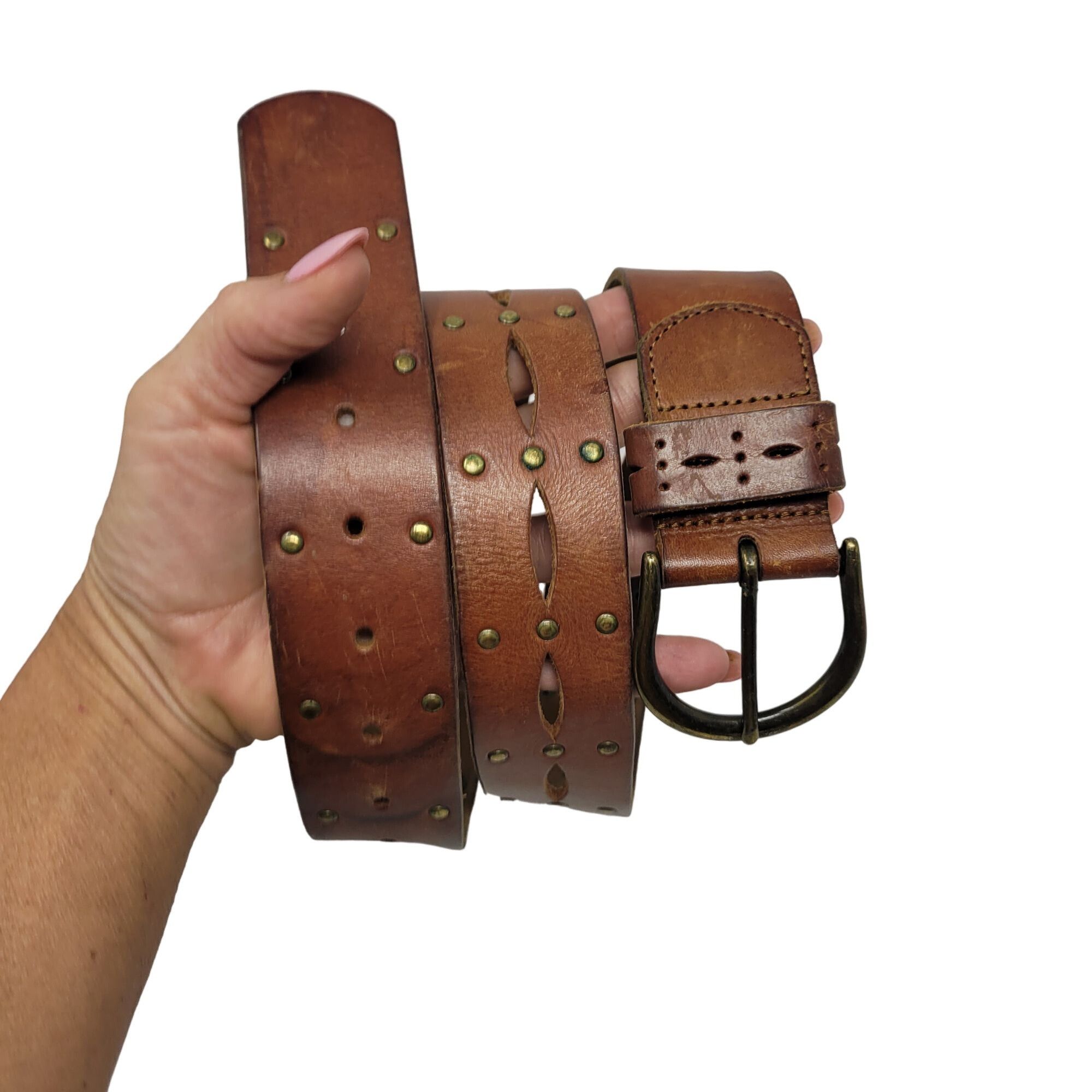 American Eagle Outfitters AEO Genuine Leather Brown Belt M Perforated Studded Boho Cou Size ONE SIZE - 13 Thumbnail