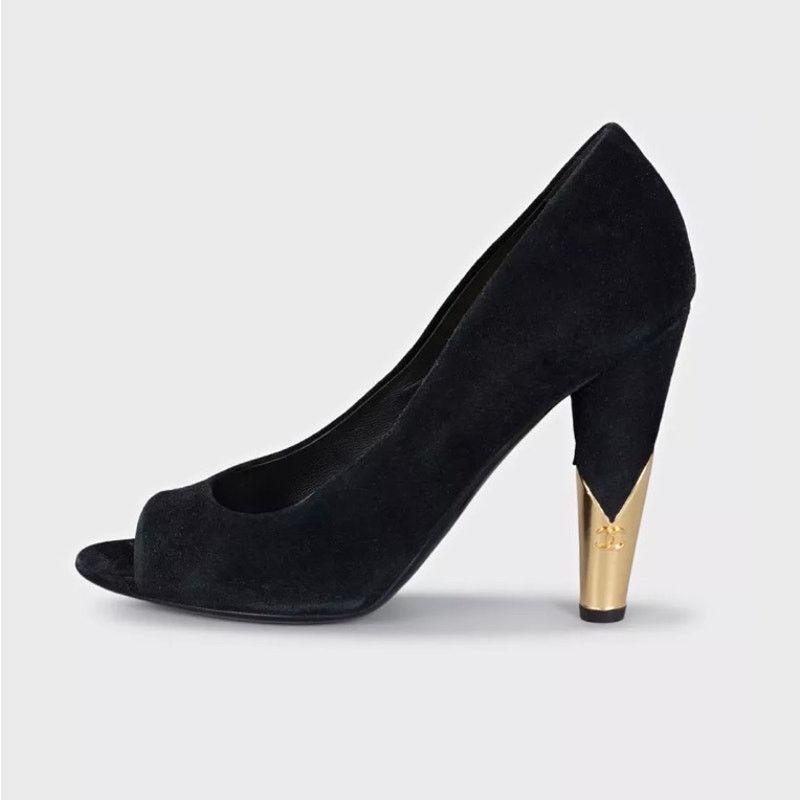 Chanel Chanel Black Suede Gold Accent Open Toe Pumps Sz 40 Size US 9 / IT 39 - 1 Thumbnail
