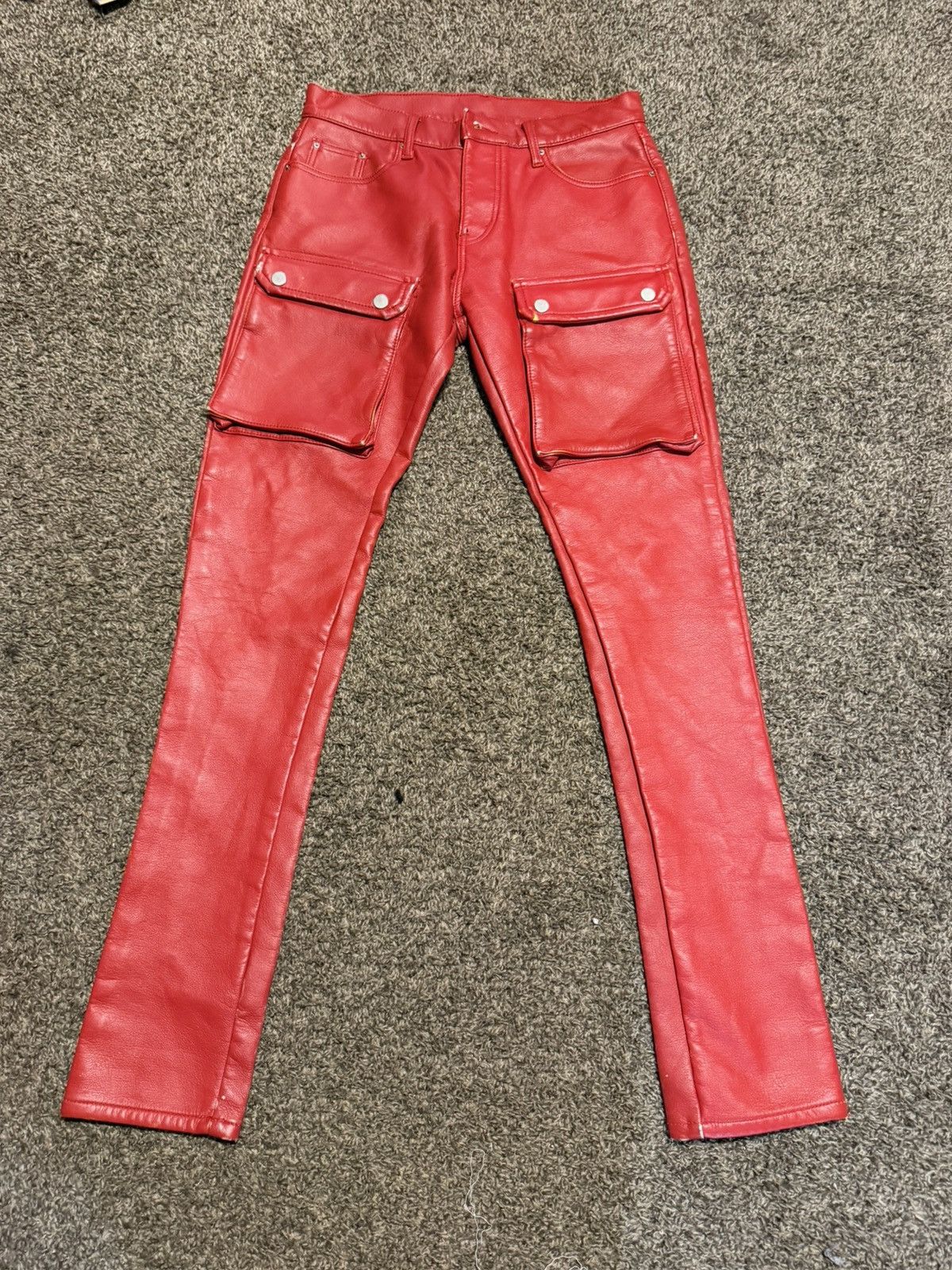 MNML Red Faux Leather Slim-Fit Cargo Pants Size US 33 - 1 Thumbnail