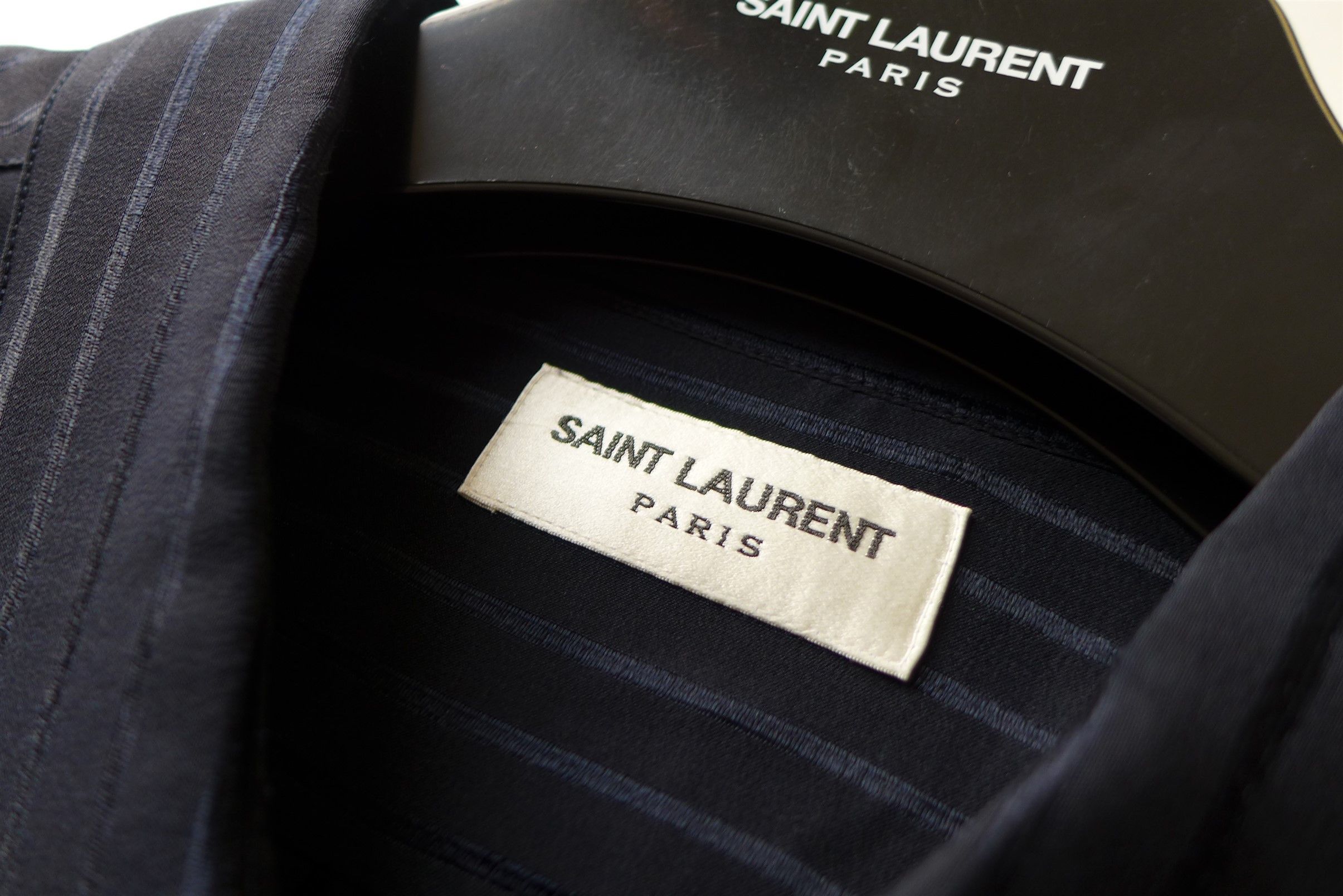 Saint Laurent Paris Saint Laurent Navy Stripe Silk Shirt Size US XL / EU 56 / 4 - 11 Thumbnail
