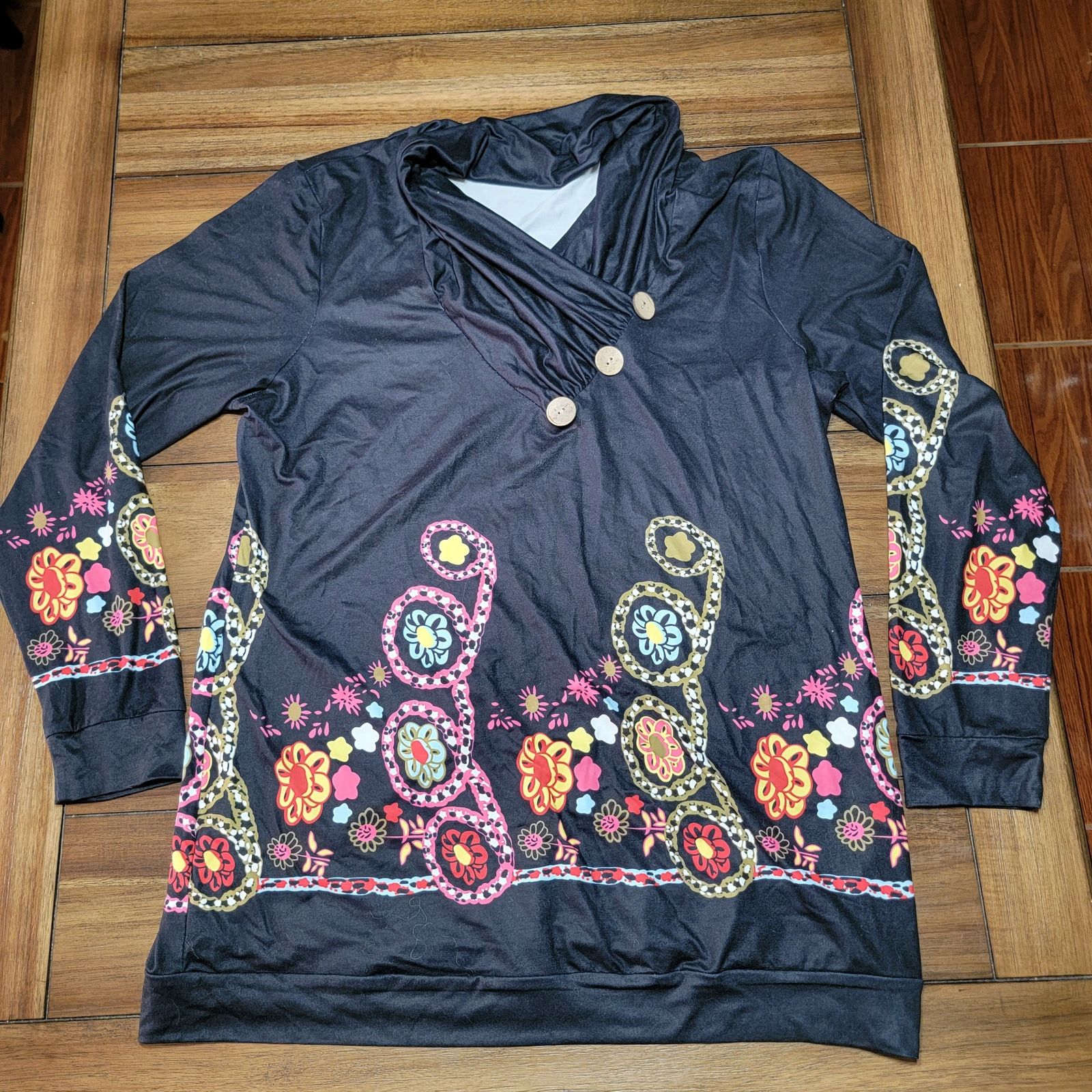 Other Black LS w/ Multi-Color Flowers Boho Style Blouse - Size XL Size XL / US 12-14 / IT 48-50 - 1 Thumbnail