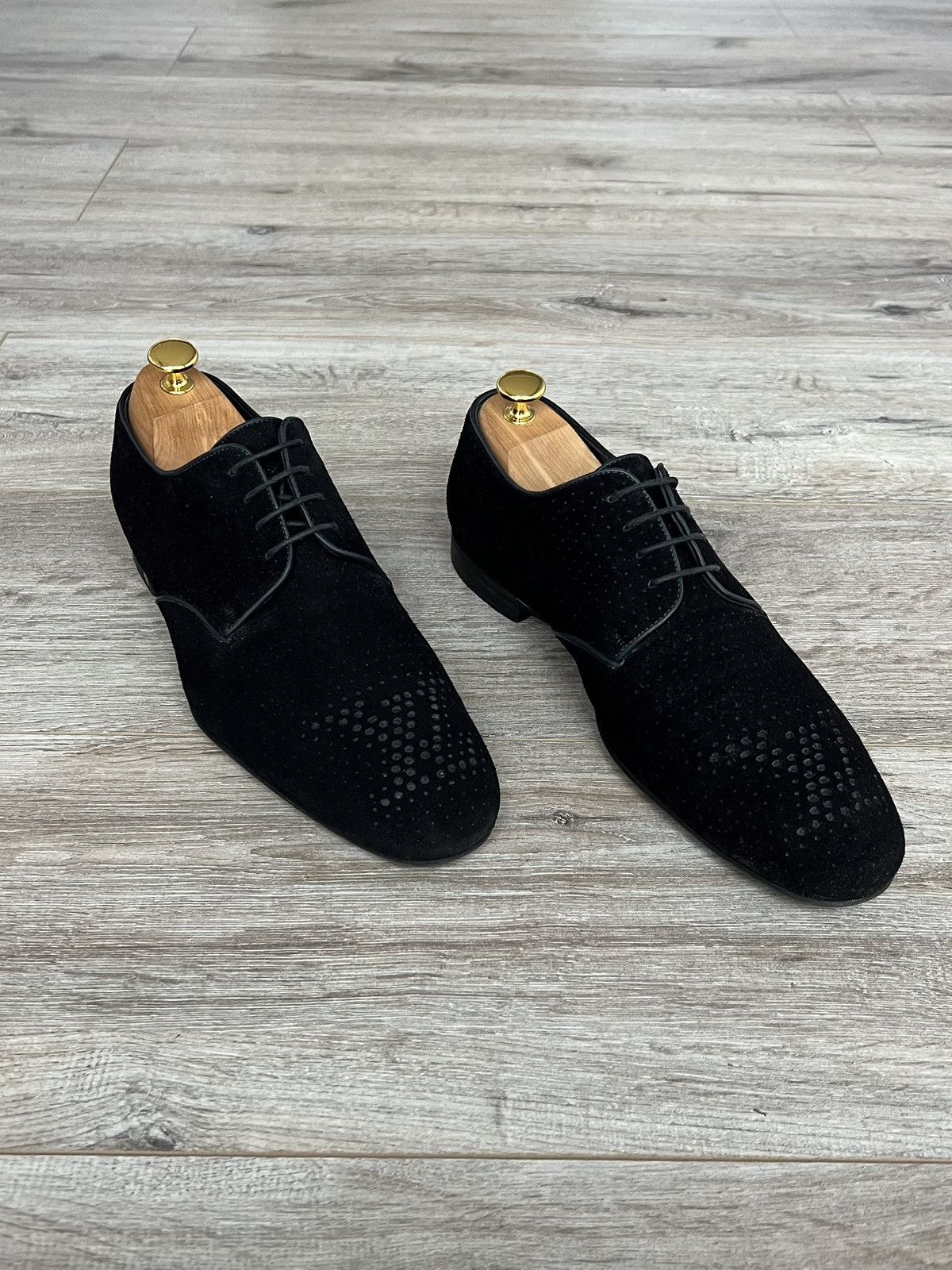 image of Louis Vuitton Derby Shoes Suede Perforated Lv Logo in Black, Men's (Size 10)