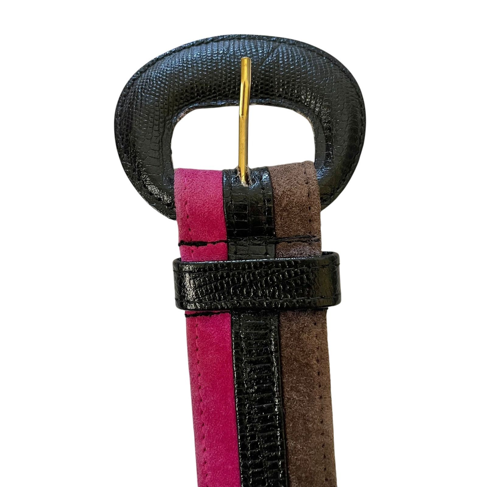 Jaeger × Vintage Vintage Jaeger Striped Pink Brown Suede Black Leather Belt Size 30 - 6 Thumbnail