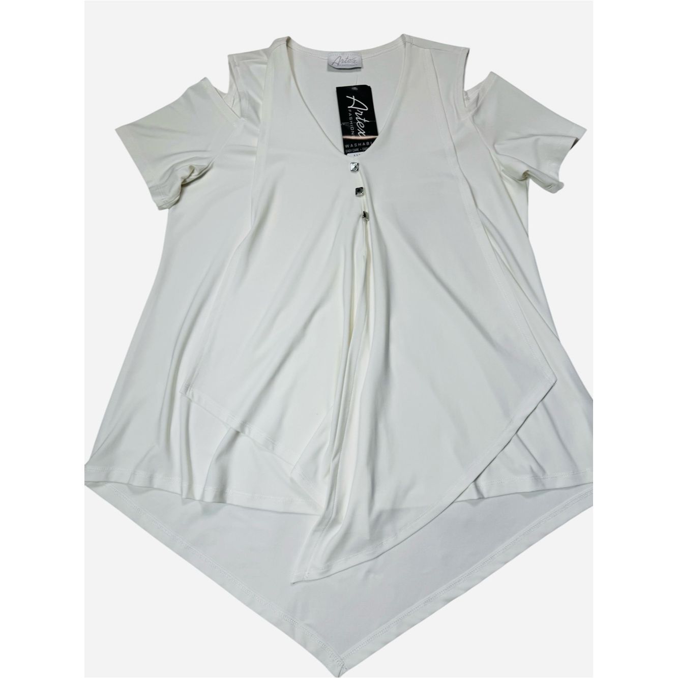 Other NWT New Artex Cold Shoulder V-Neck Handkerchief Hem White B Size L / US 10 / IT 46 - 4 Thumbnail
