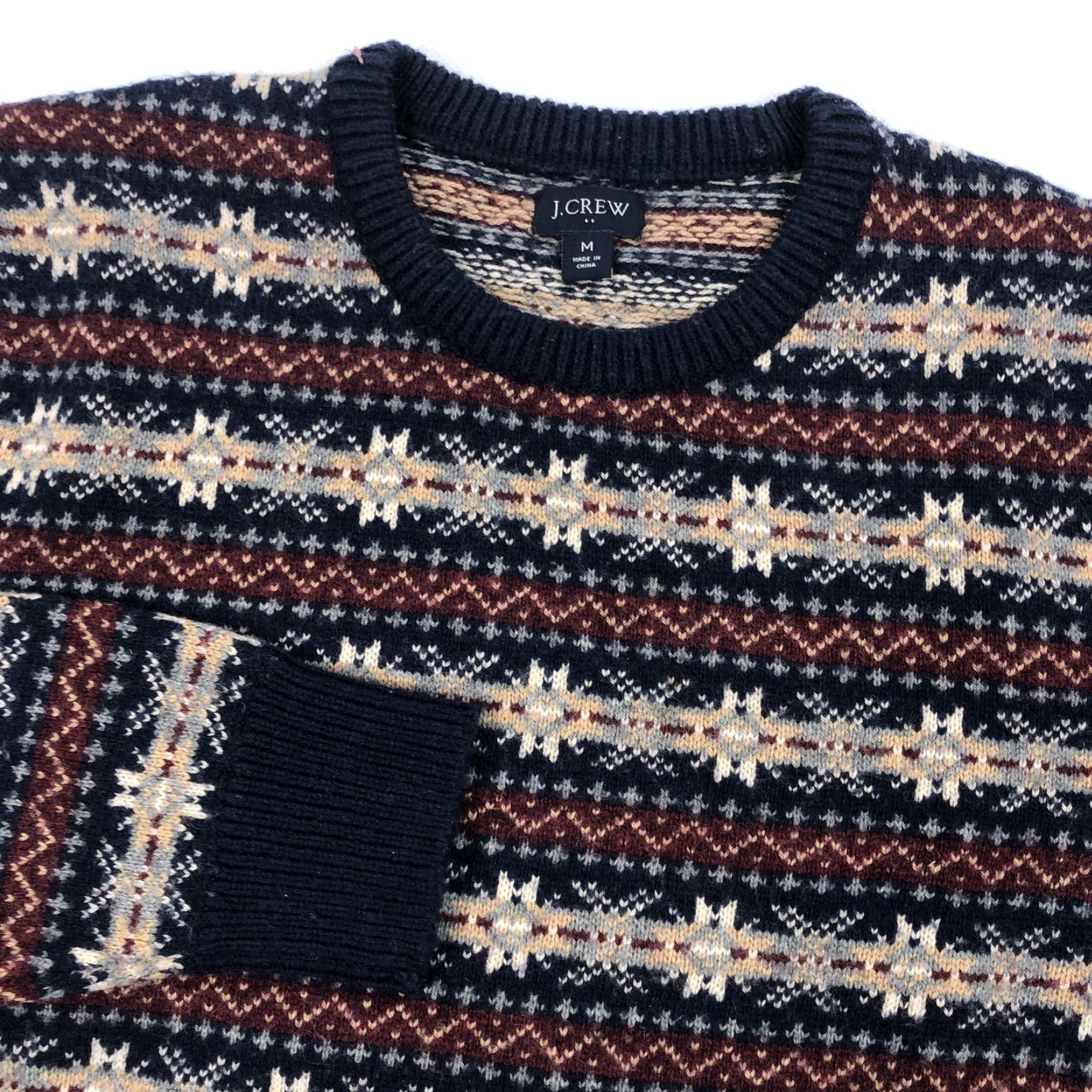J.Crew J.CREW Men's M Fair Isle Wool Blend Crew Neck Sweater Navy Red Tan Knit Size US M / EU 48-50 / 2 - 3 Thumbnail