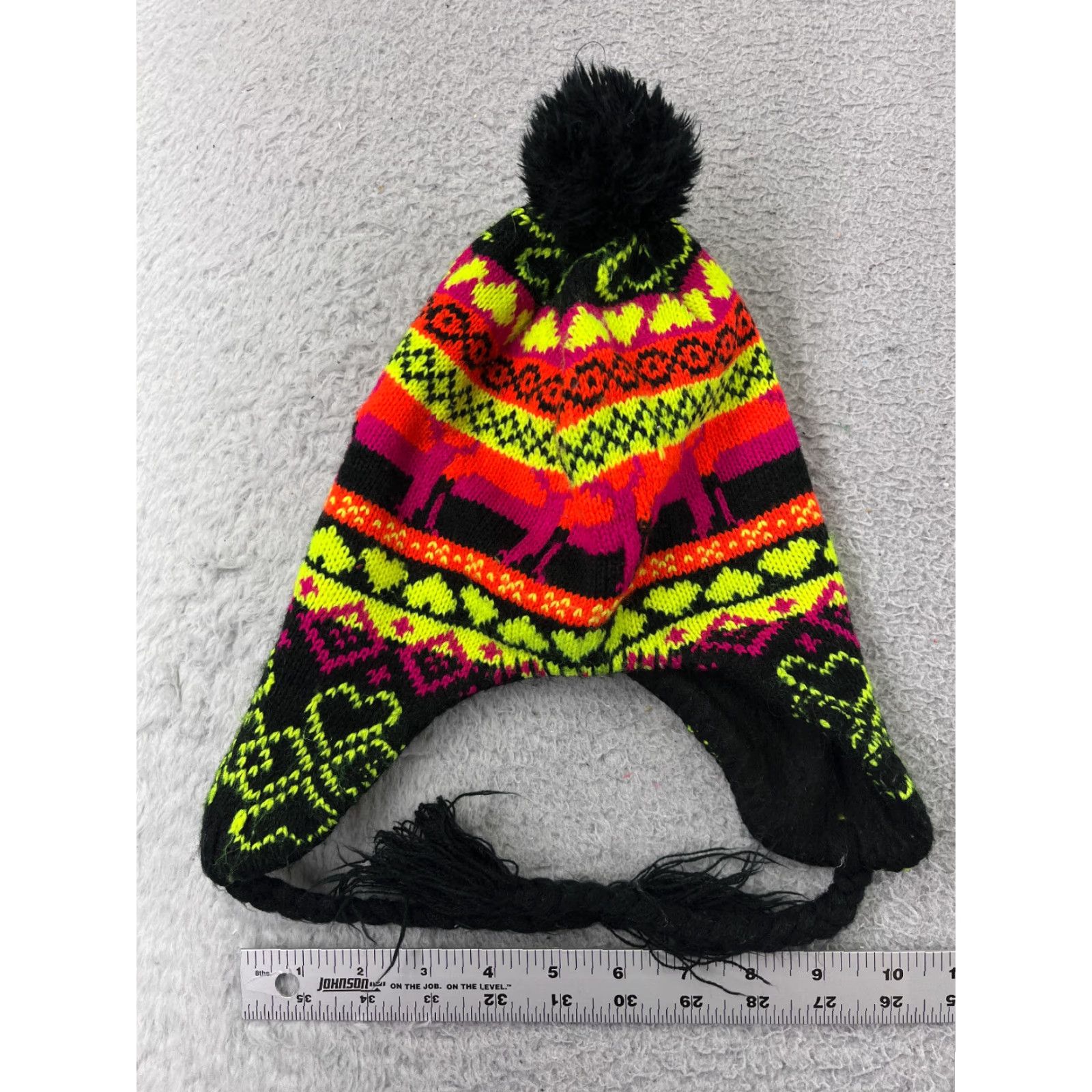 Pinko Heart Beanie Toque One Size Adult Yellow Pink Stripe Ear Flaps Acrylic Pom - Unbranded Beanie Hat Knit Size ONE SIZE - 4 Thumbnail