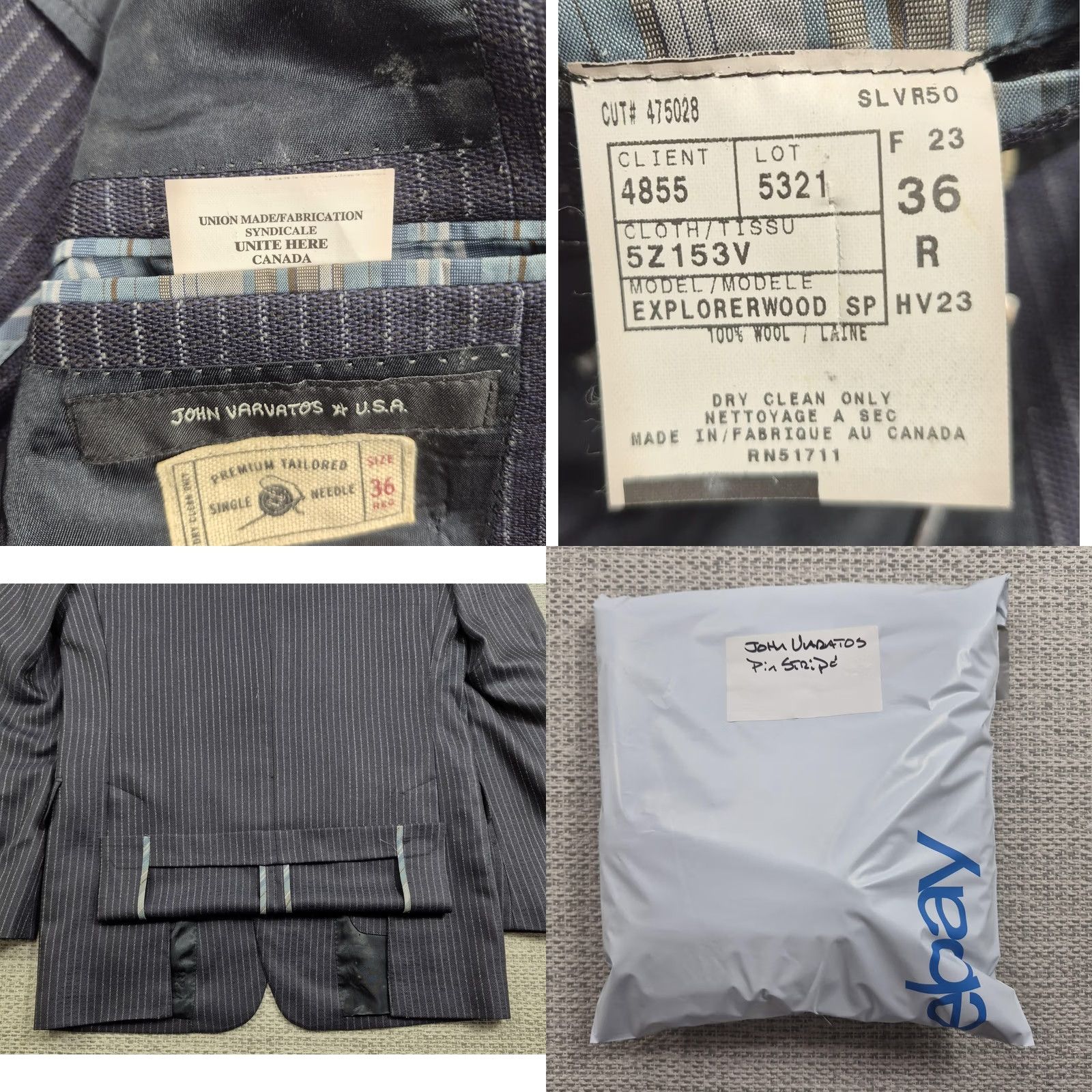 John Varvatos John Varvatos Suit Jacket Mens 36R Blue Pinstripe Wool Two Button Made In Canada Jacket Front Button Style: Two-Button Size 36R - 9 Thumbnail