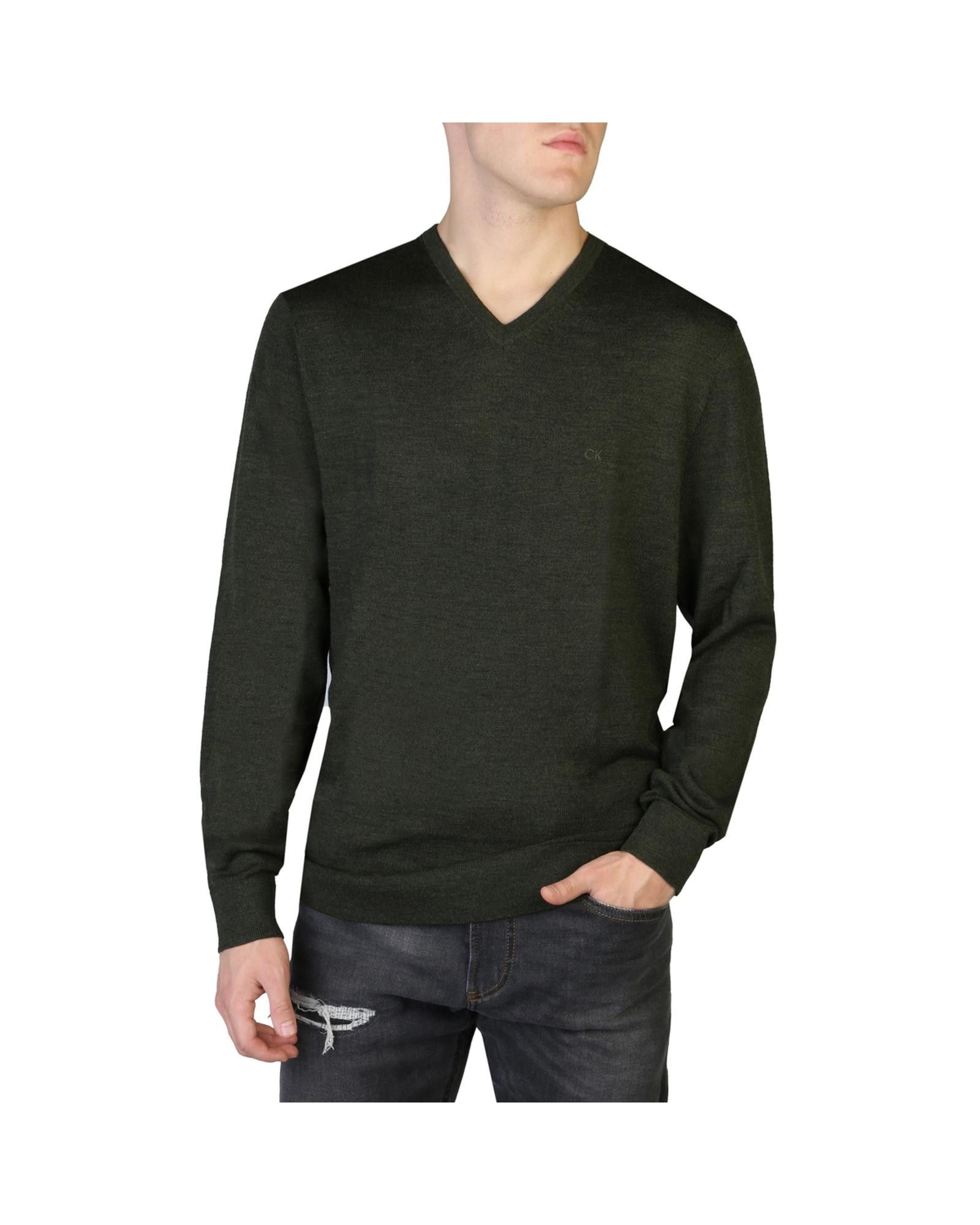 image of Calvin Klein Wool V-Neck Ribbed Hem Sweater in Green, Men's (Size Small)