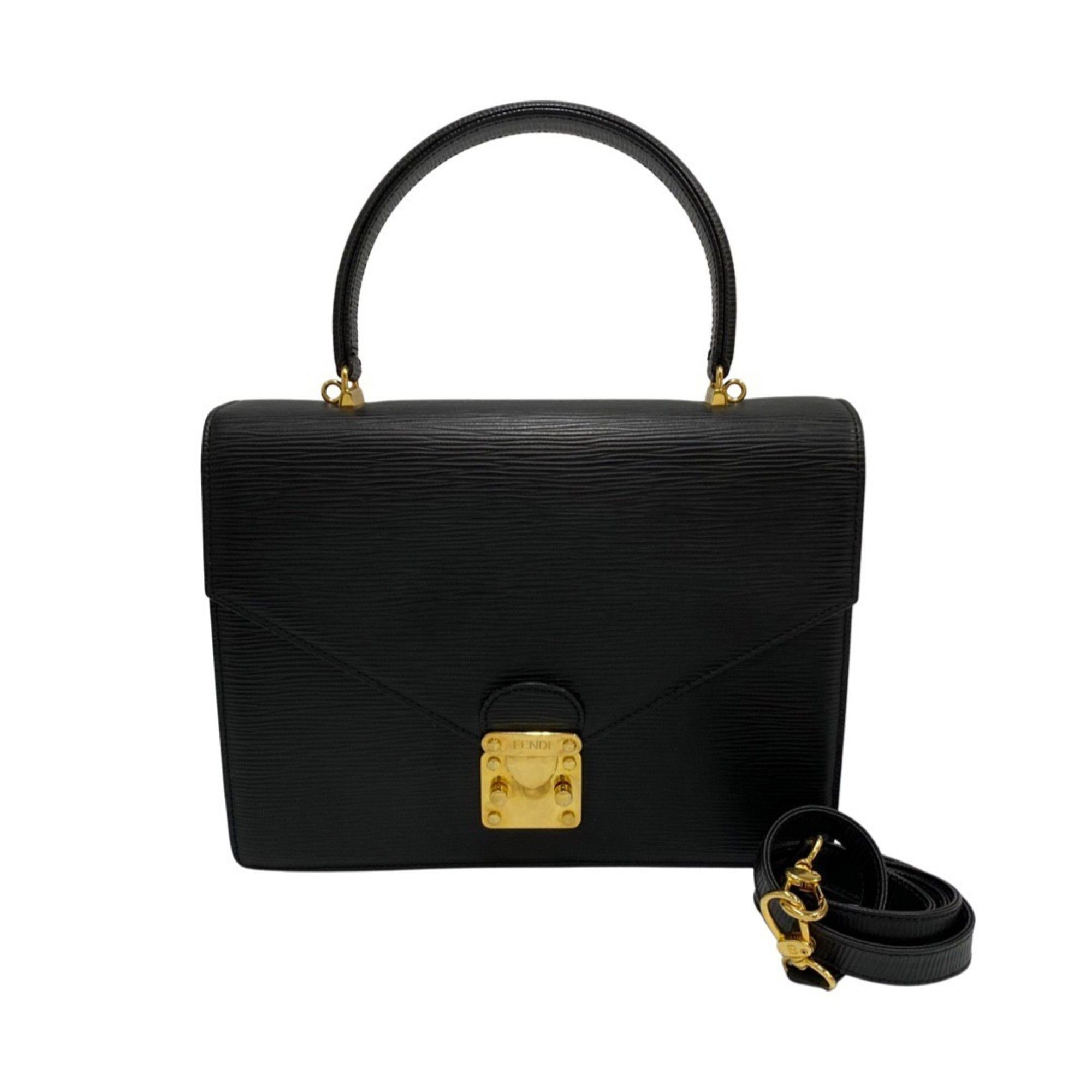 image of Fendi Logo Metal Fittings Epi Leather Genuine 2Way Handbag Shoulder Bag Black, Women's