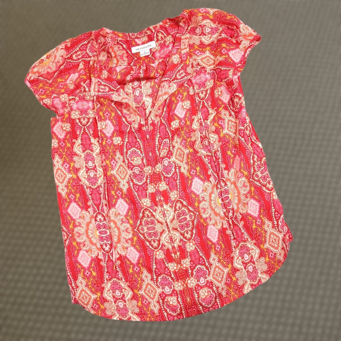 Liz Claiborne Liz Claiborne Shirt Women's Small Pink Polyester Short Sleeve V Neck Tie Front Blouse Size S / US 4 / IT 40 - 1 Thumbnail