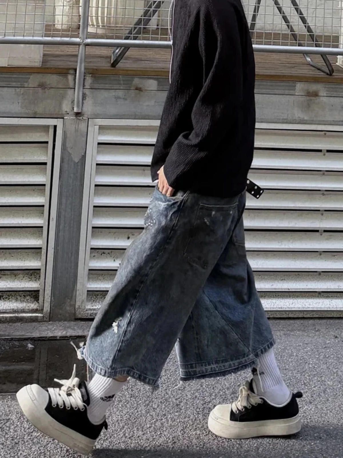 Jean Washed Ripped Wide-Leg Denim Jorts Size US 32 / EU 48 - 2 Thumbnail