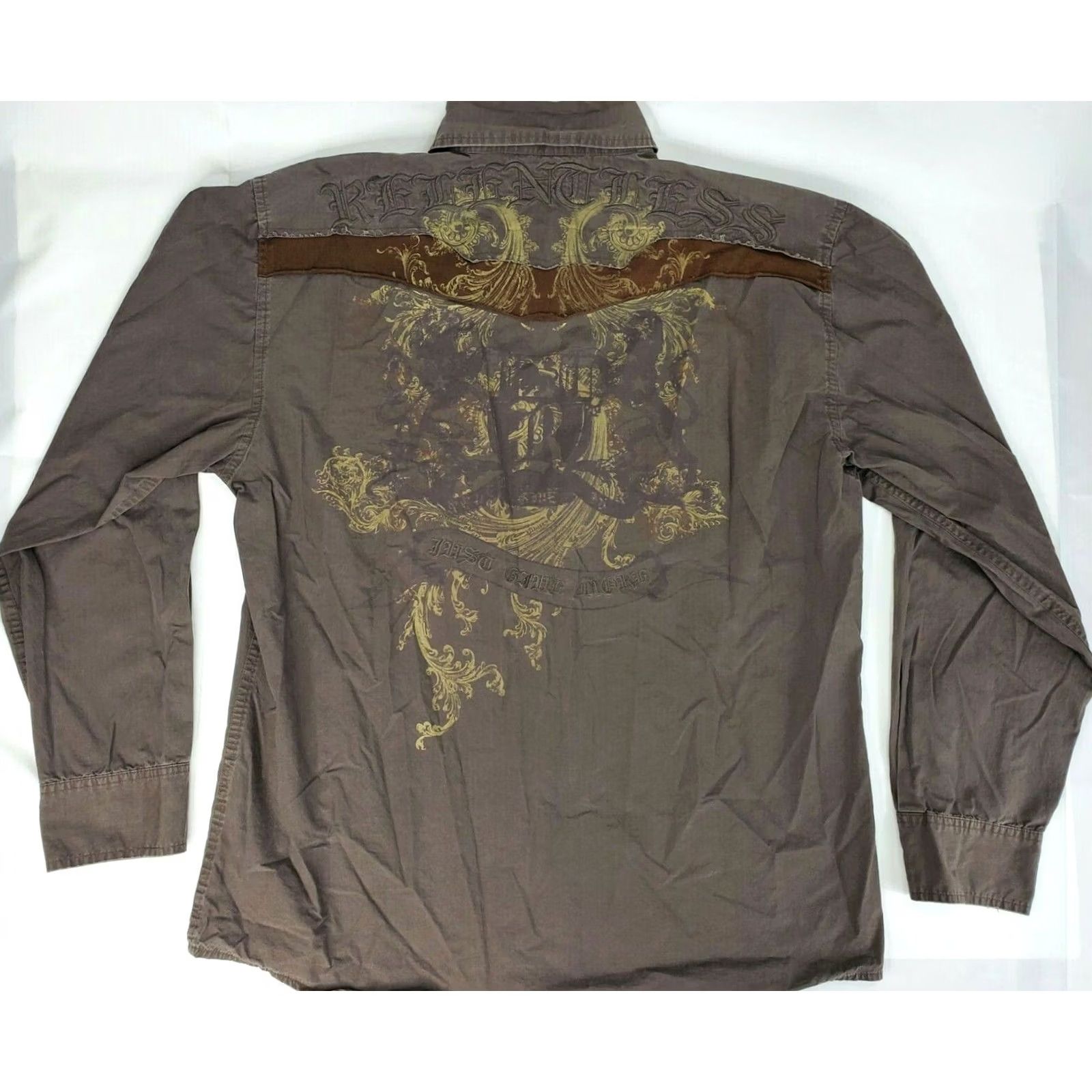 Roar Roar Shirt Button-Down Long Sleeve Men 2XL Brown Embroidered RELENTLESS Distressed Size US XXL / EU 58 / 5 - 2 Thumbnail