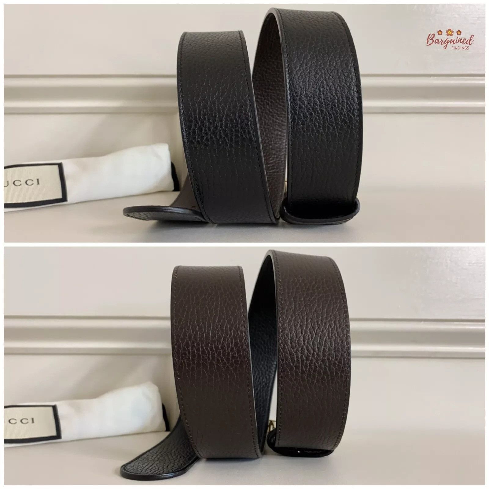 Gucci Gucci Black Pebbled Calf Leather Reversible Gold 1973 Belt Size 34 - 6 Thumbnail