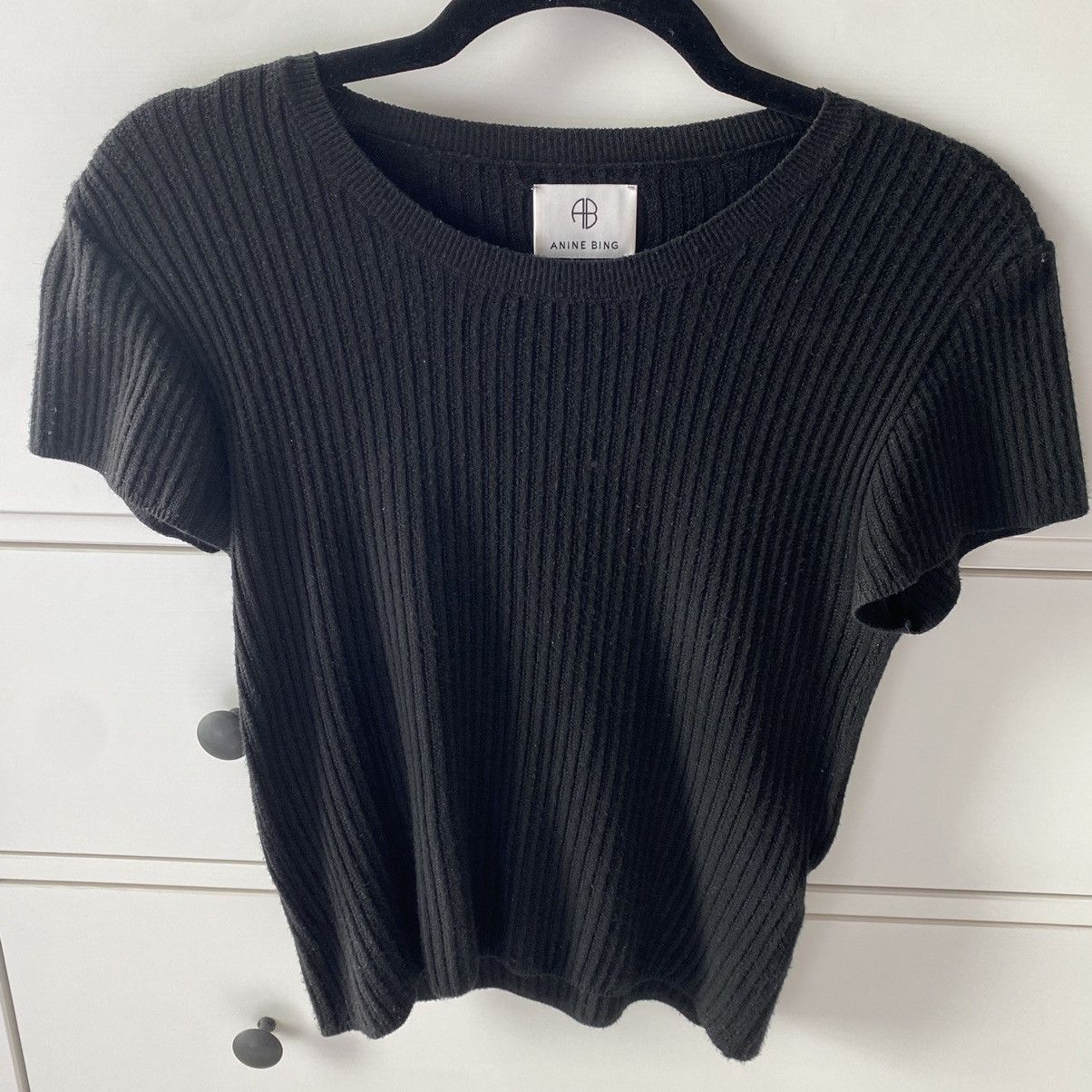 image of Anine Bing Skylar Short Sleeve Black Sweater Size Small, Women's