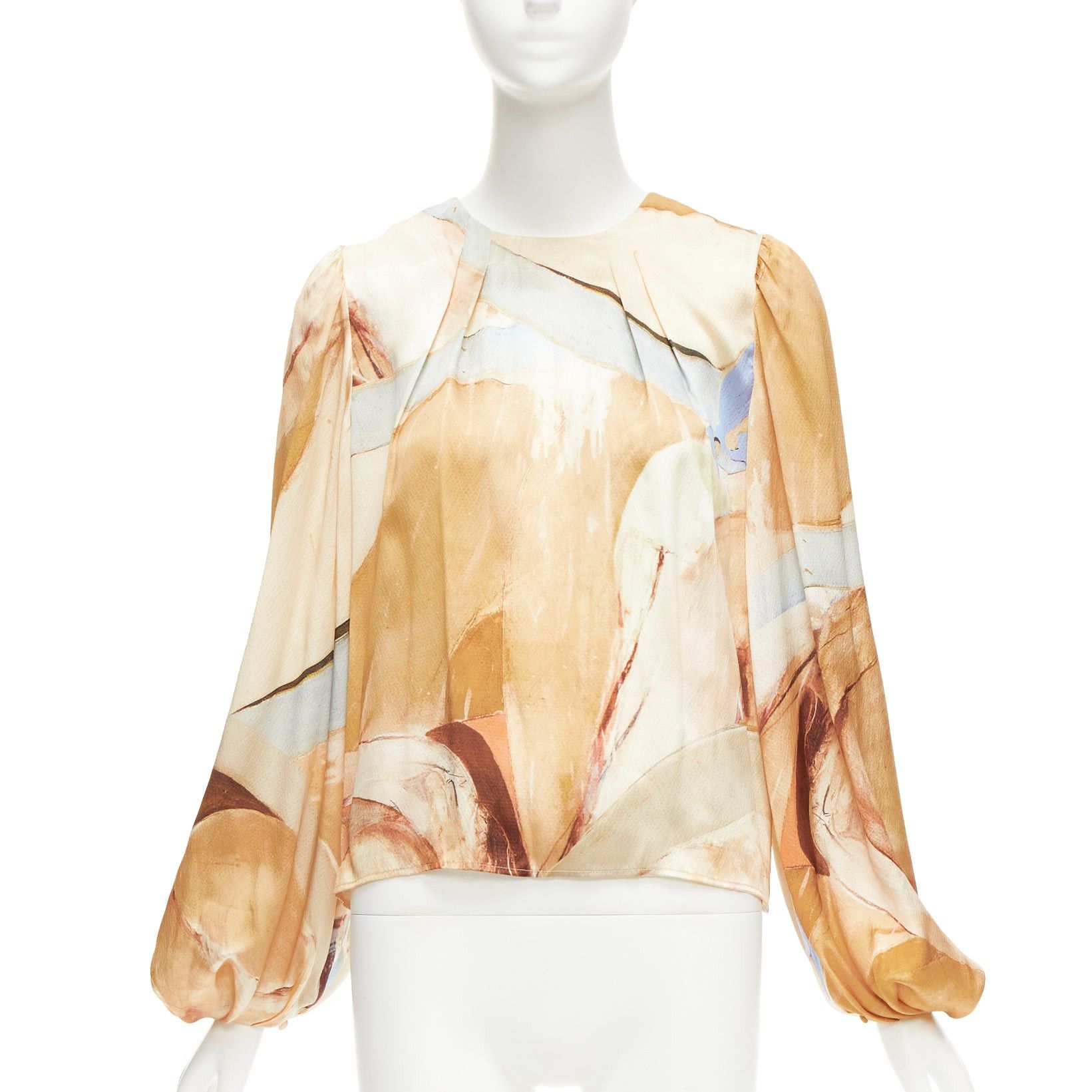 Aje AJE 2018 100% silk beige blue abstract brush print puff sleeve top UK6 XS Size XS / US 0-2 / IT 36-38 - 1 Thumbnail
