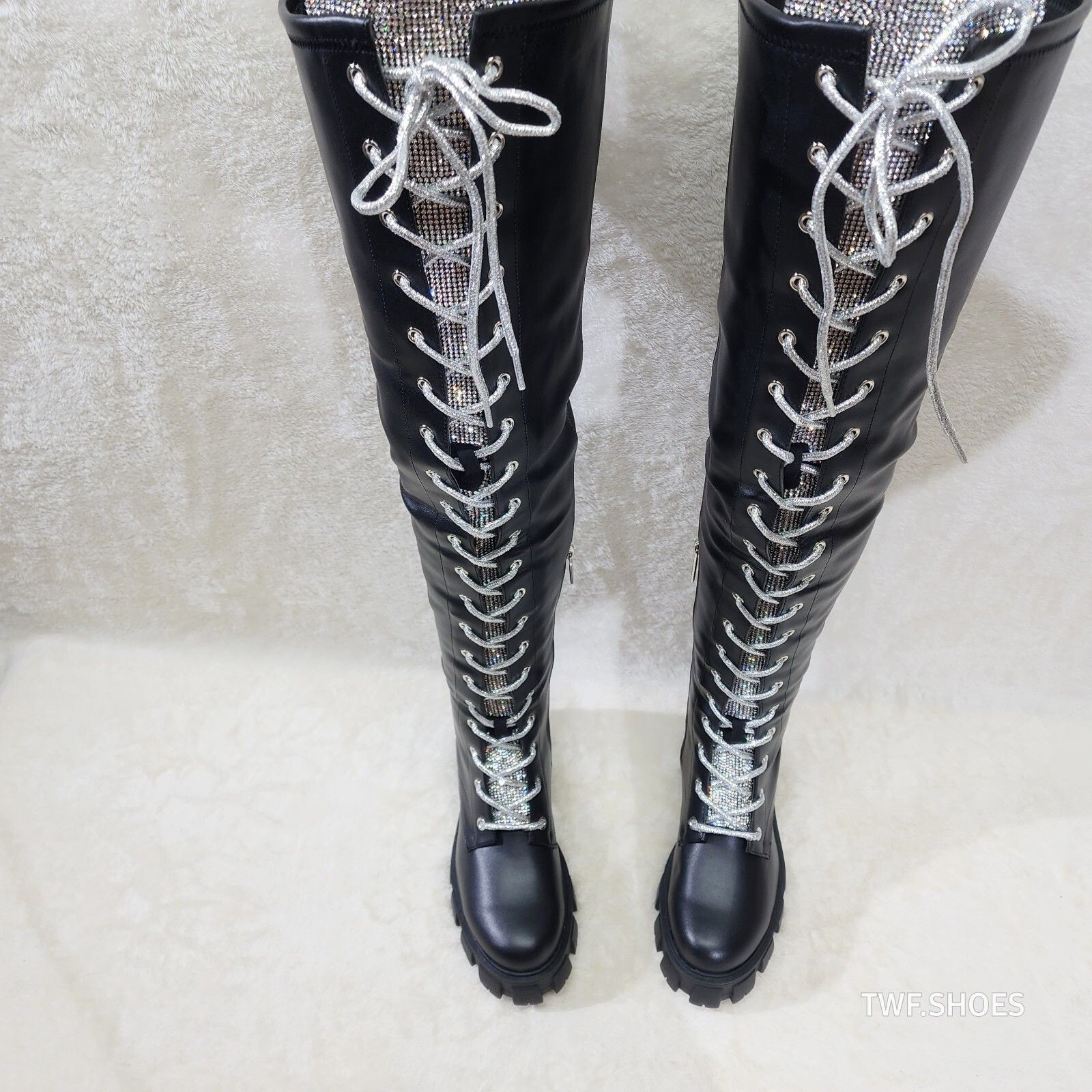 Other Roscoe Black Combat Thigh High Boots Iridescent Rhinestone T Size US 7 / IT 37 - 7 Thumbnail